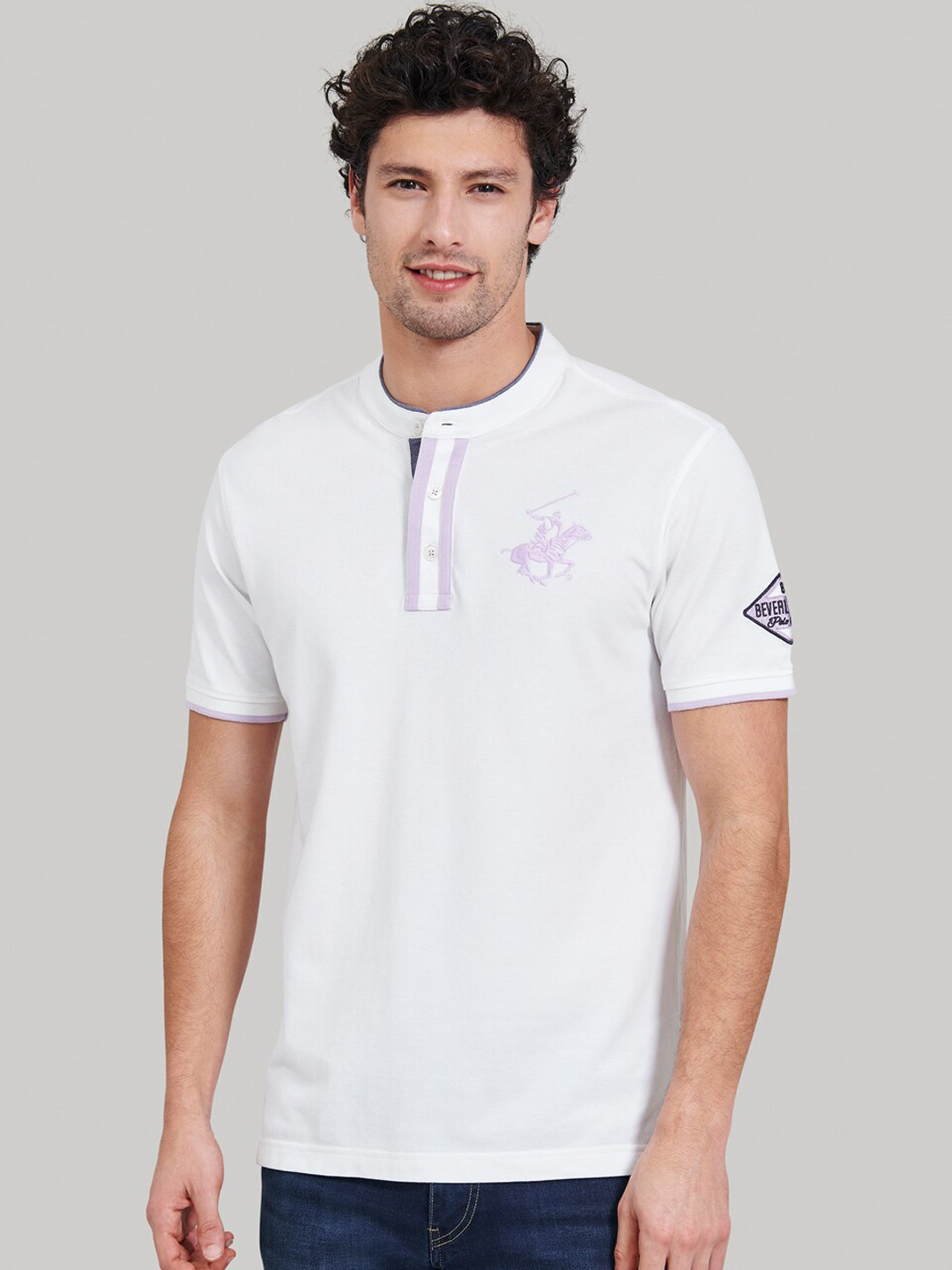 Buy Beverly Hills Polo Club Men White Solid Mandarin Collar T Shirt