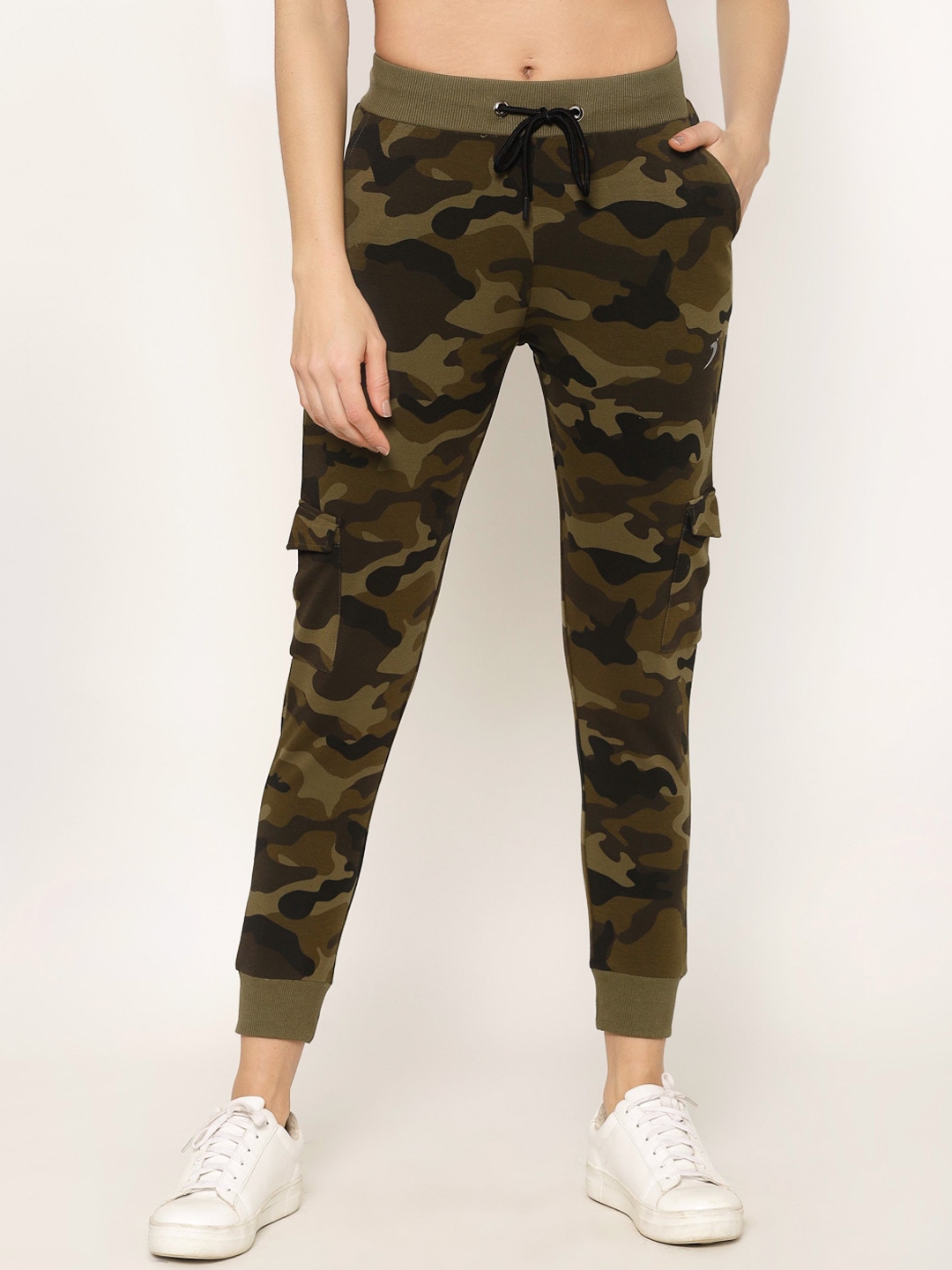 Buy SAPPER Women Olive Green & Brown Camouflage Print Slim Fit Joggers ...