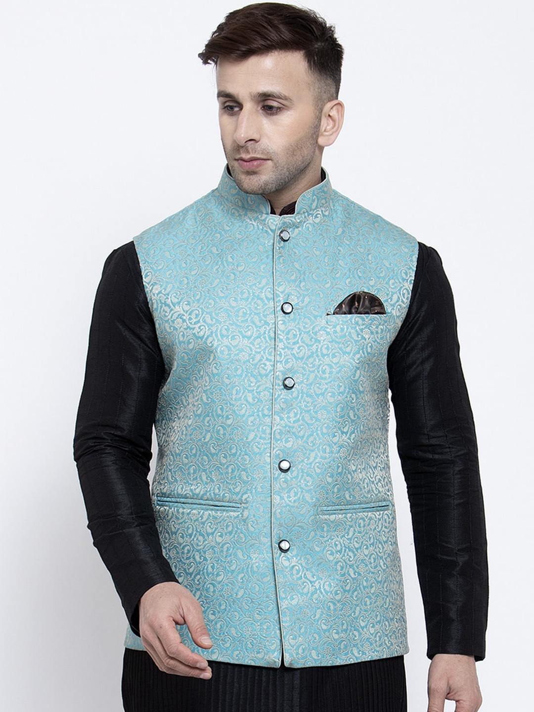 Men'S Turquoise Blue Woven Design Nehru Jacket With Solid Kurta Pyjama.