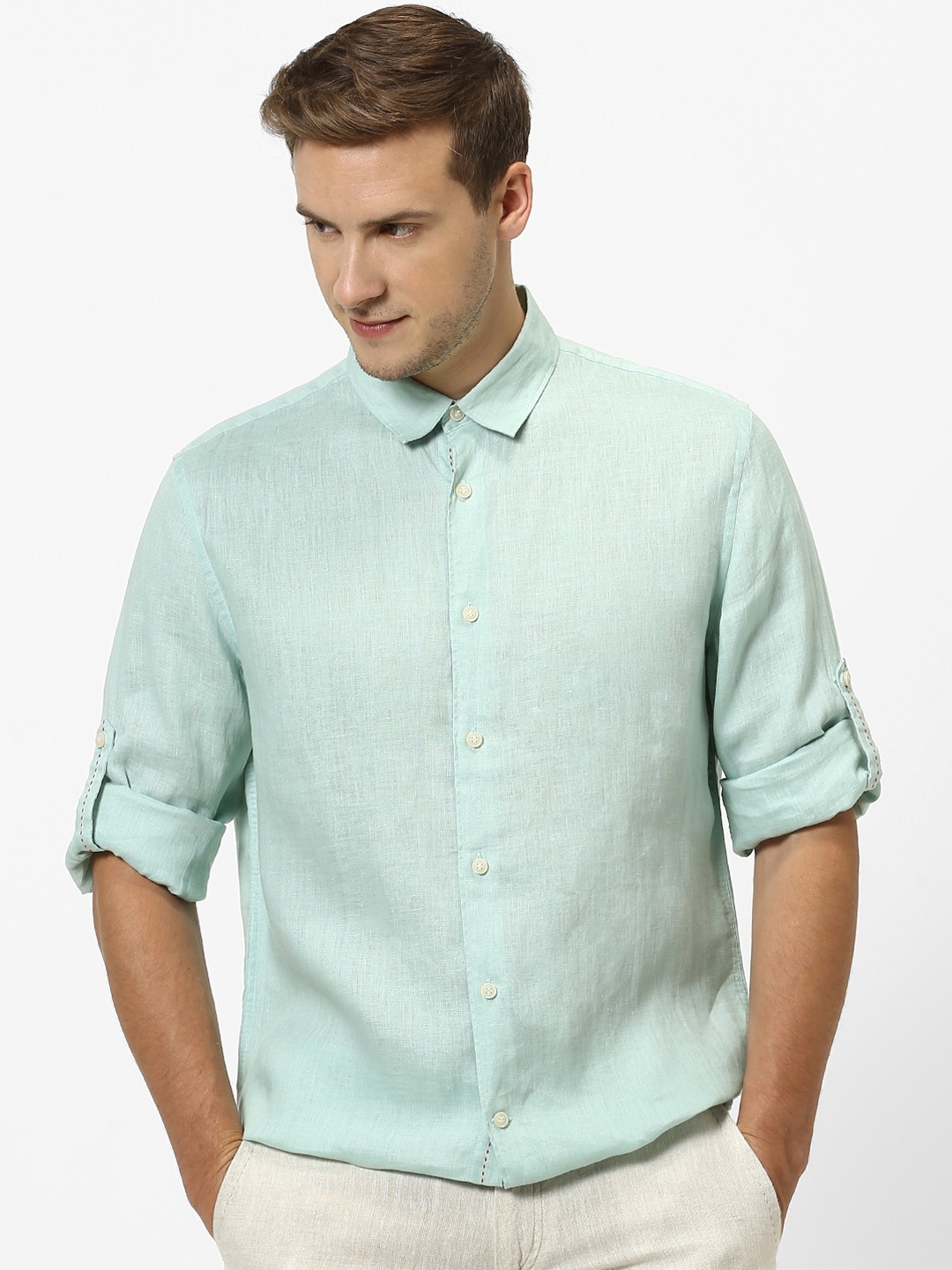 Buy Celio Men Green Regular Fit Solid Casual Linen Shirt - Shirts for ...