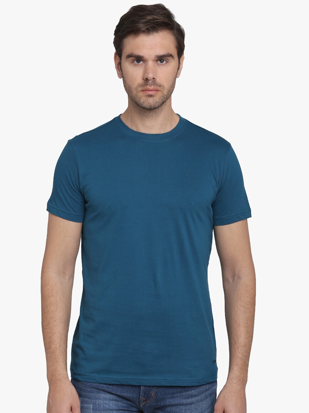 Buy JADE BLUE Men Blue Solid Round Neck Pure Cotton T Shirt - Tshirts ...