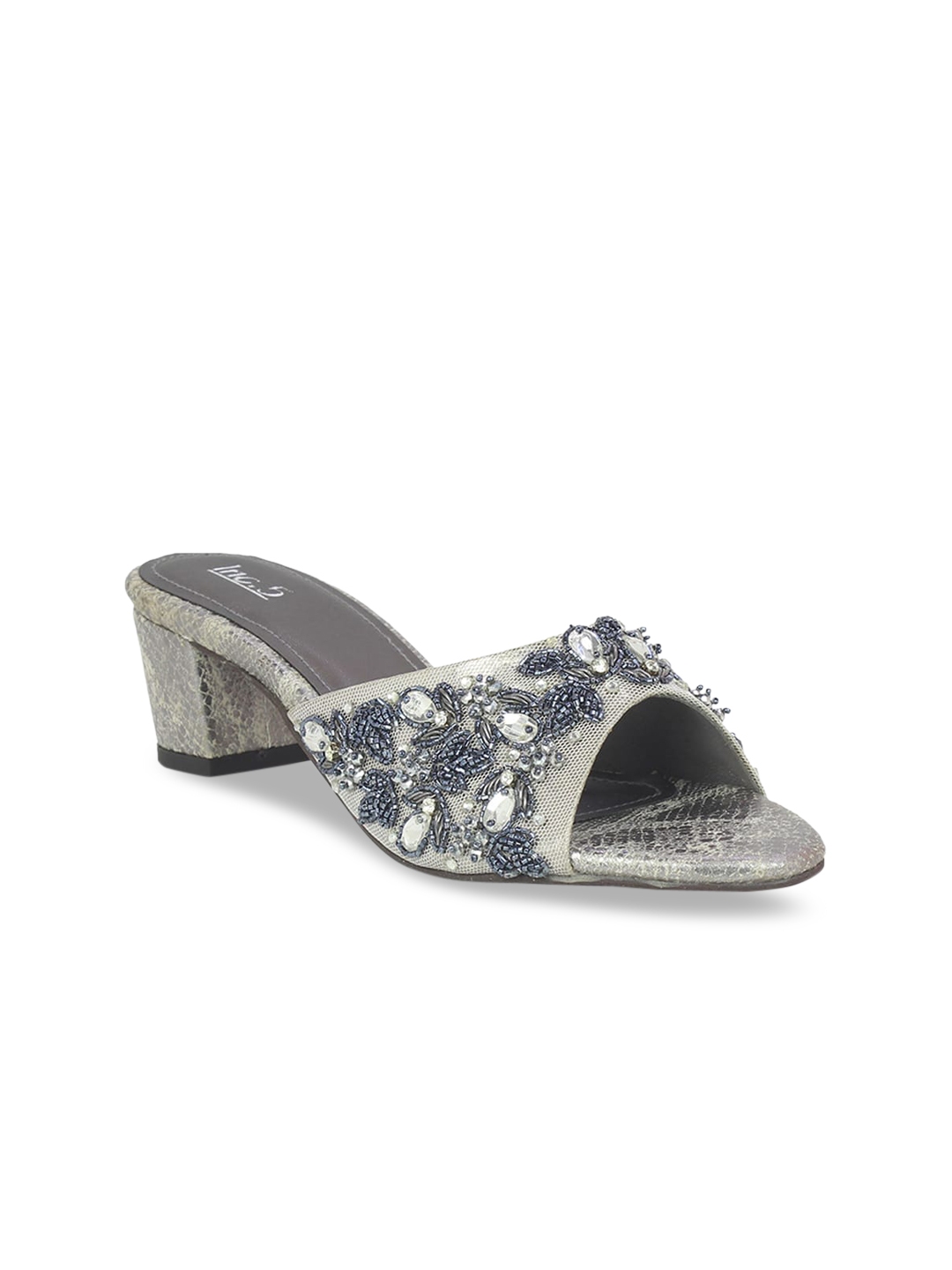 grey open toe block heels