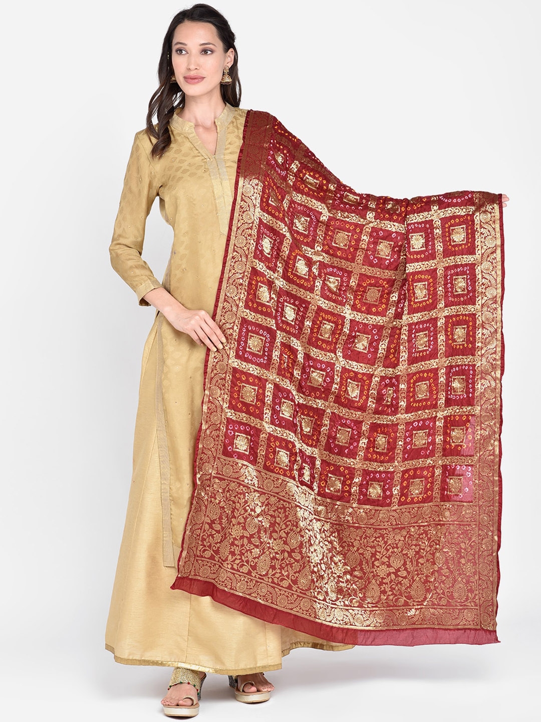 golden gown with maroon dupatta