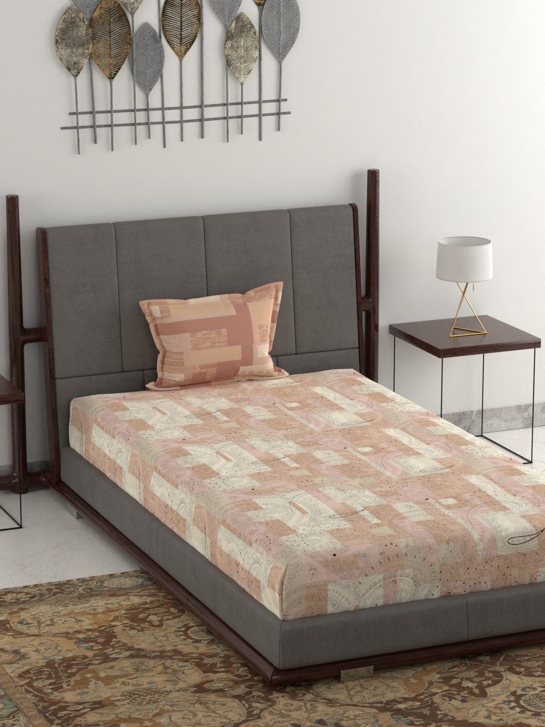 Buy Trident Unisex Cream Coloured Abstract 144TC Single Bedsheet With