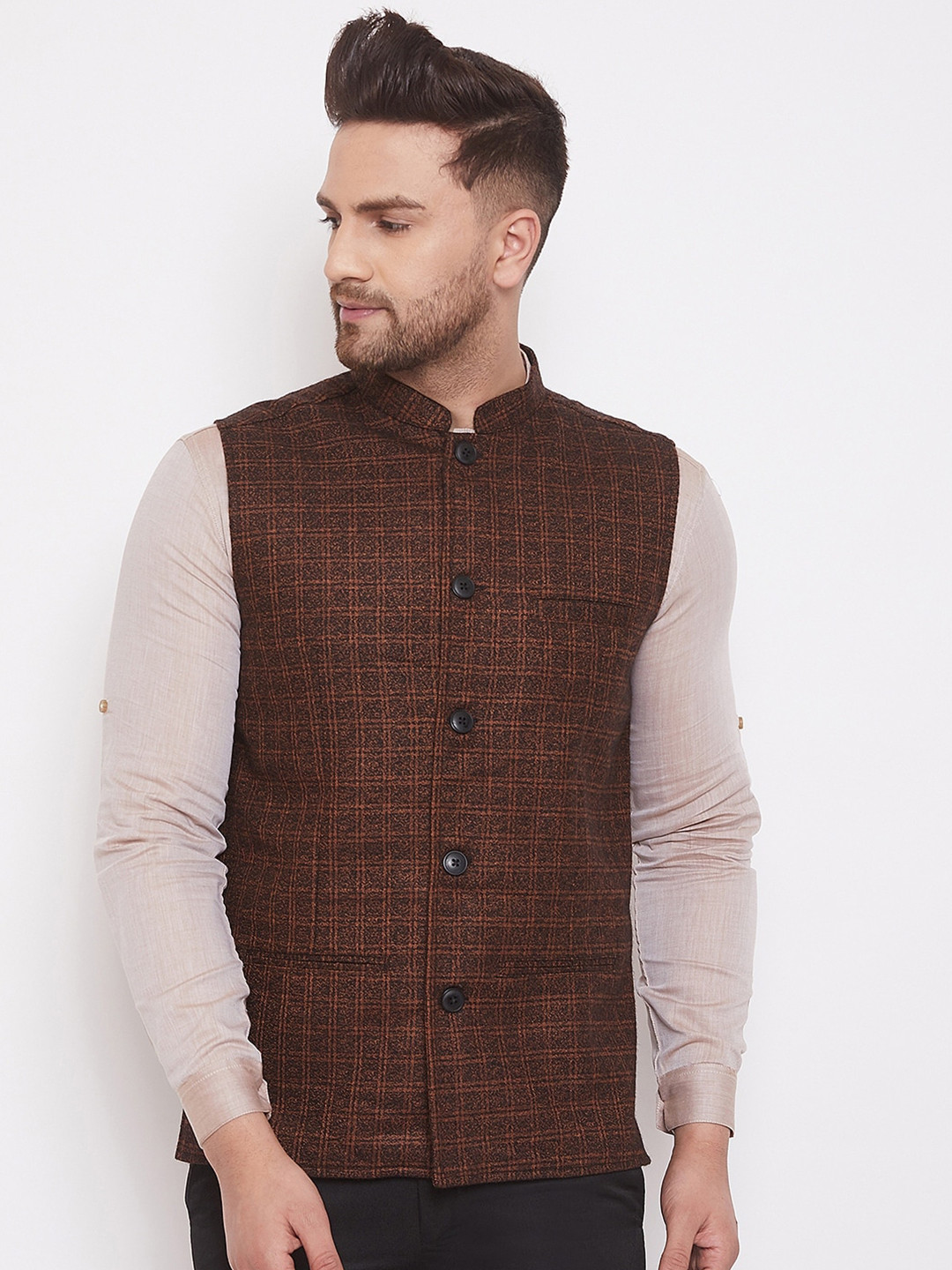 Men Brown Solid Nehru Jacket