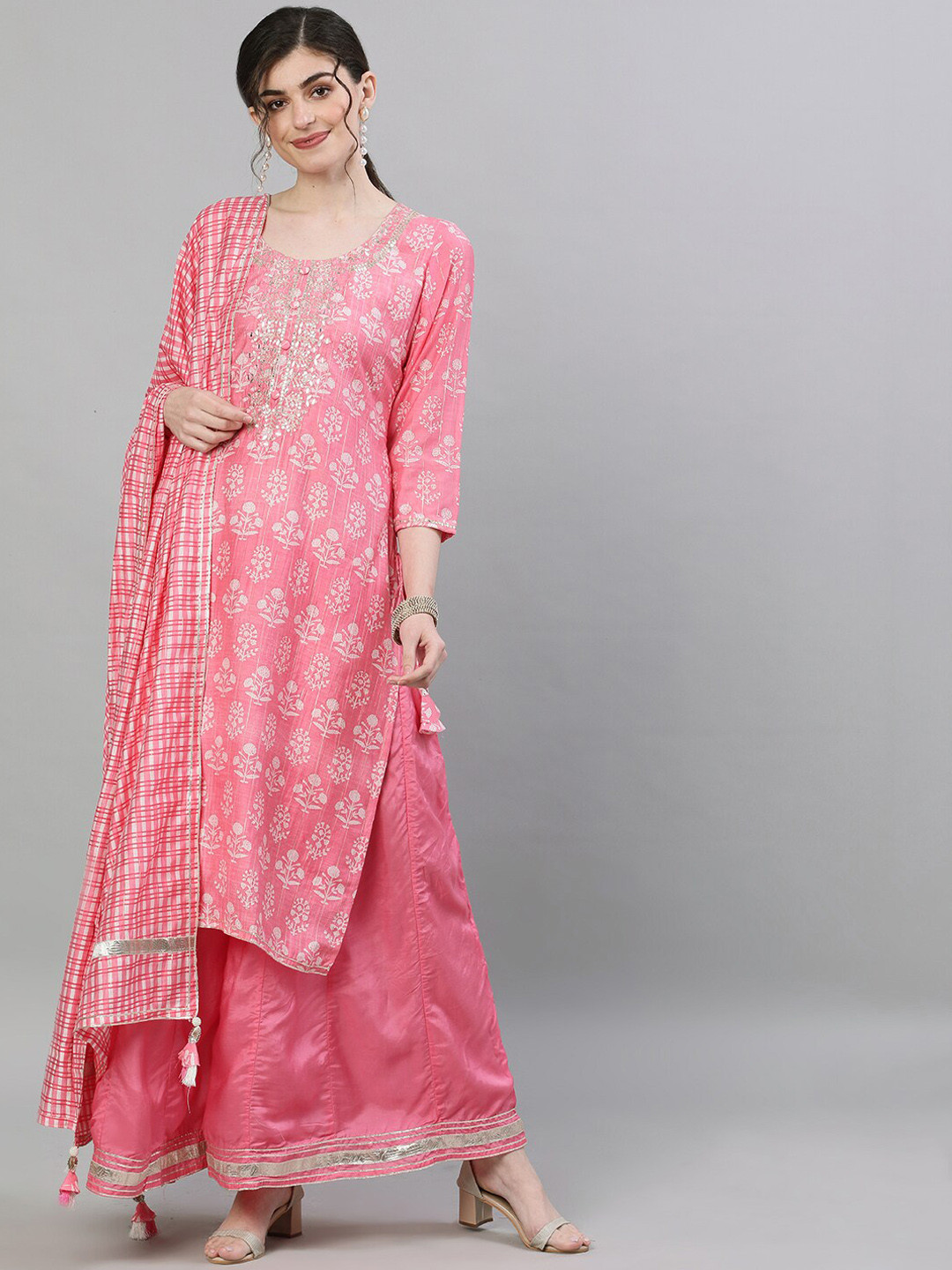 Women'S Pink & White Printed Kurta With Palazzos1 main image 0