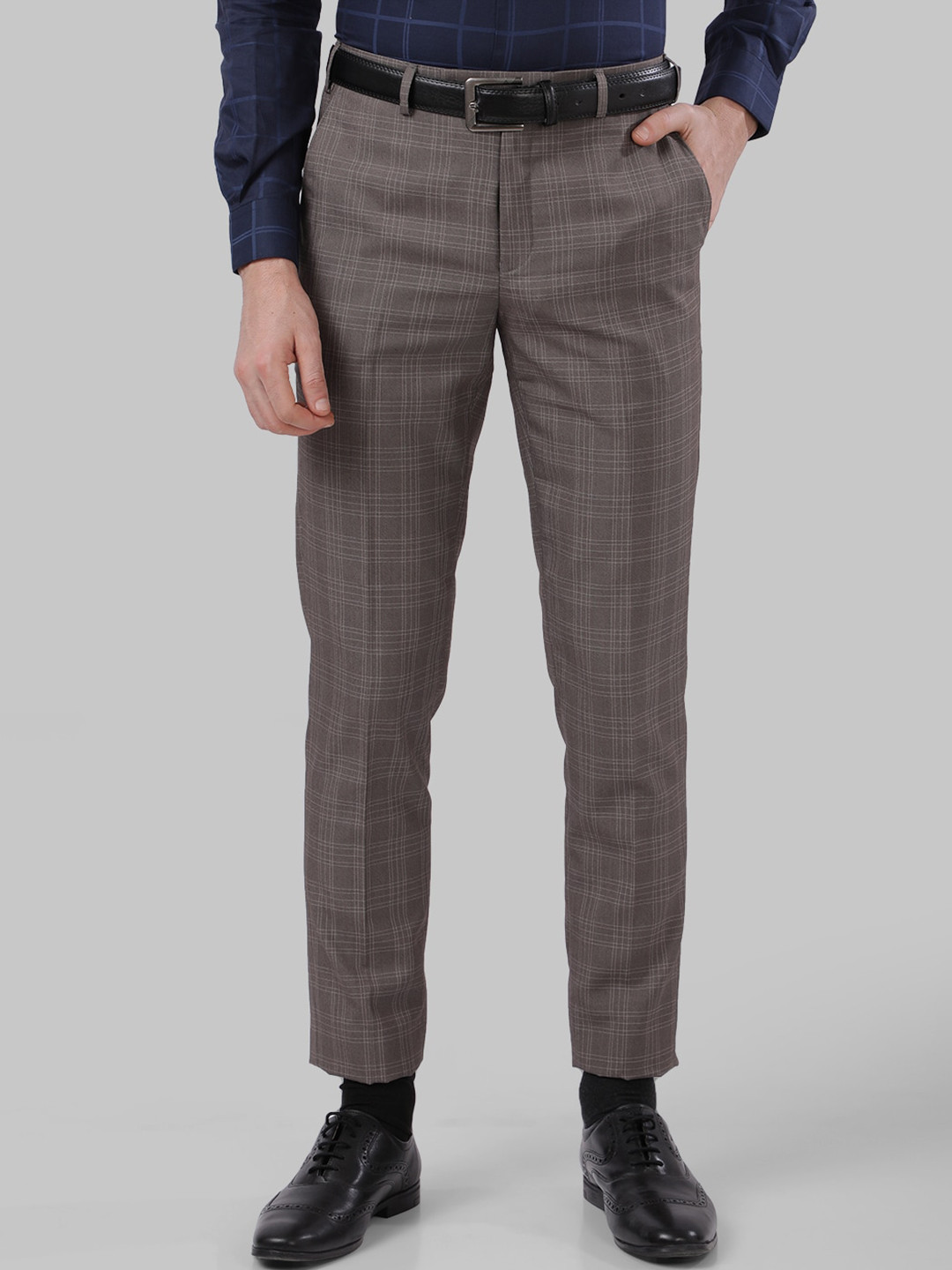 Men'S Brown Cotton Checked Formal Trousers