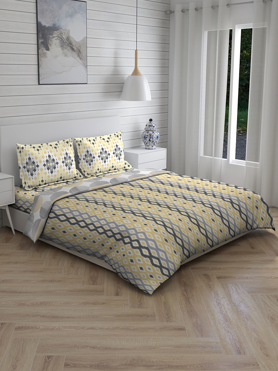 Buy Layers Yellow & Grey Printed Double Bedding Set With Comforter