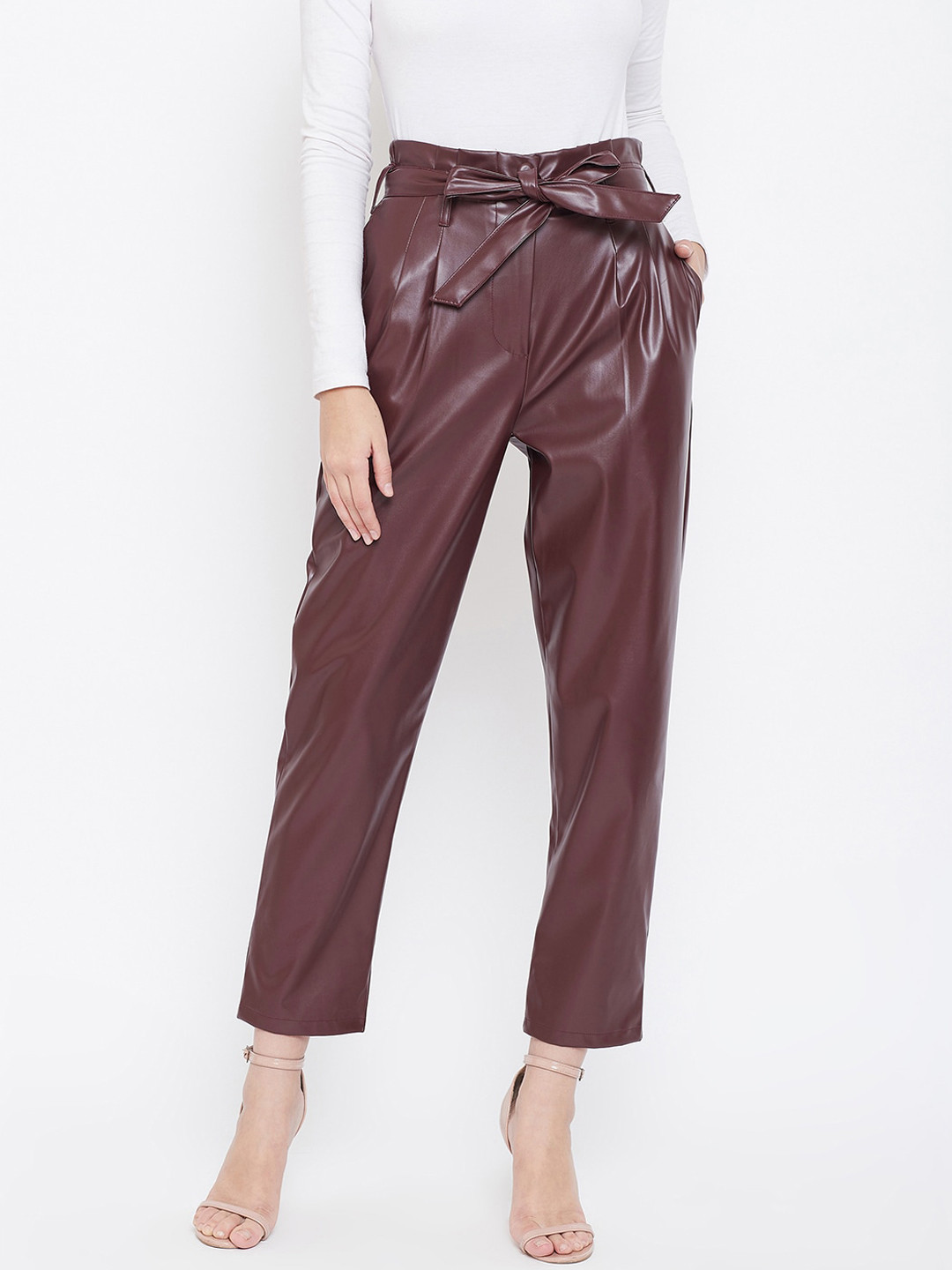 Buy Zastraa Women Burgundy Slim Fit Solid Peg Trousers Trousers for