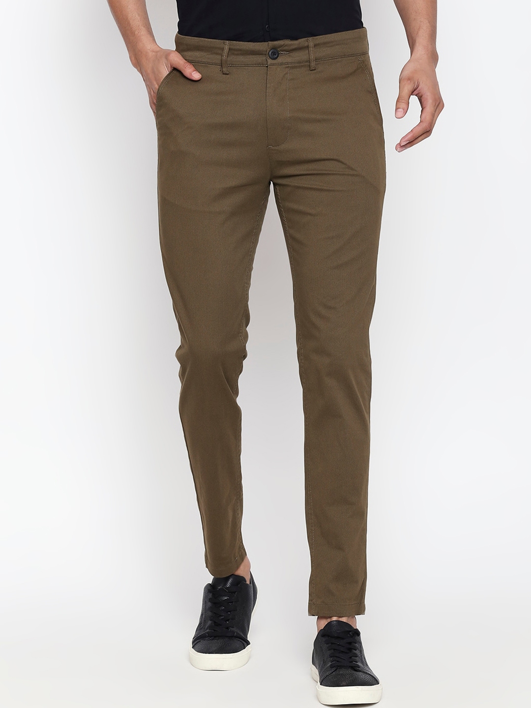 Buy People Men Olive Green Skinny Fit Solid Regular Trousers - Trousers ...