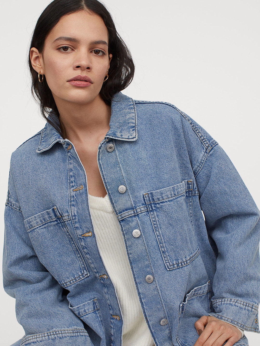 Buy H&M Women Blue Solid Oversized Denim Jacket - Jackets for Women ...