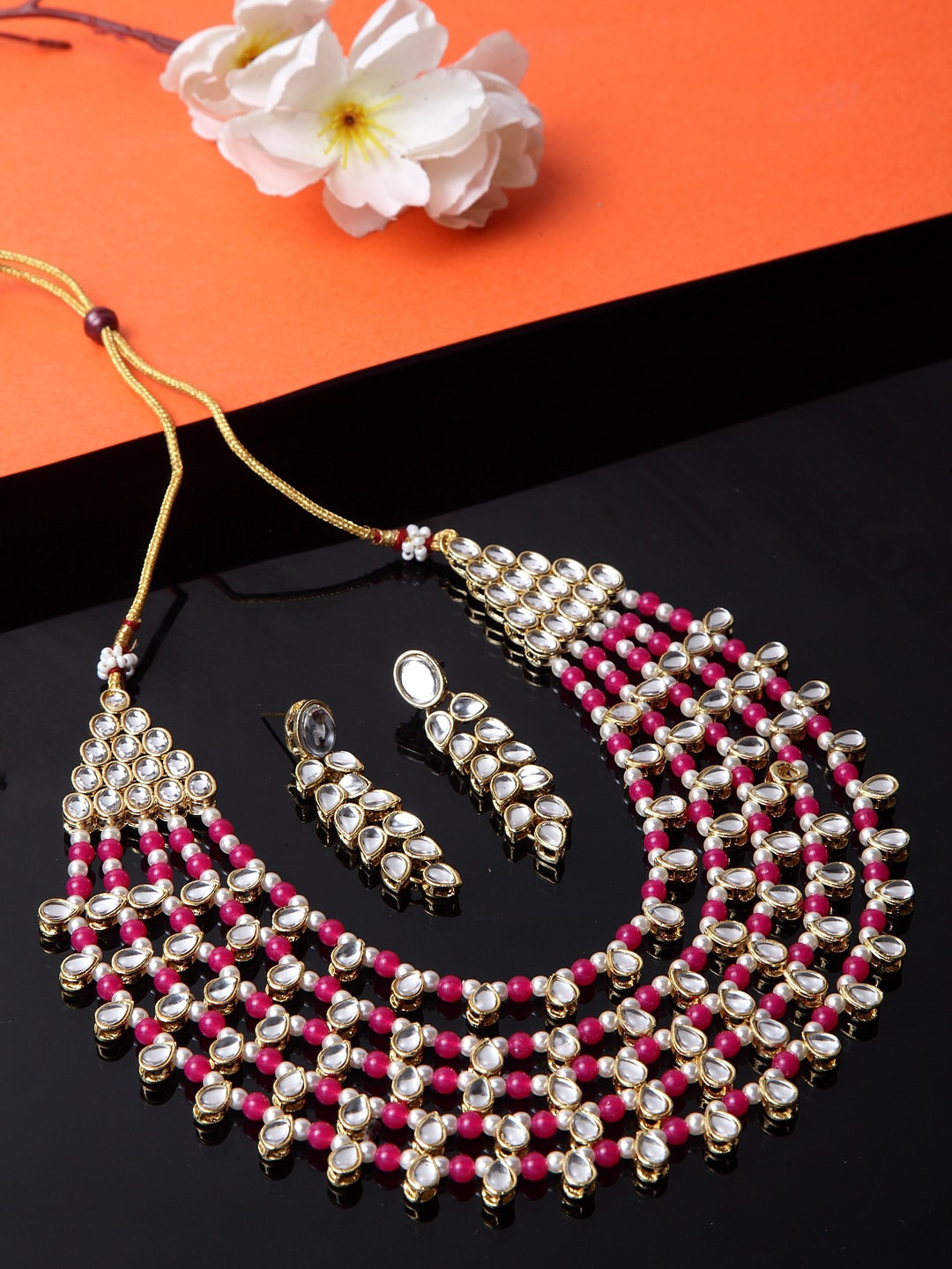 Buy Shining Diva Gold Plated Pink & White Kundan Studded Layered