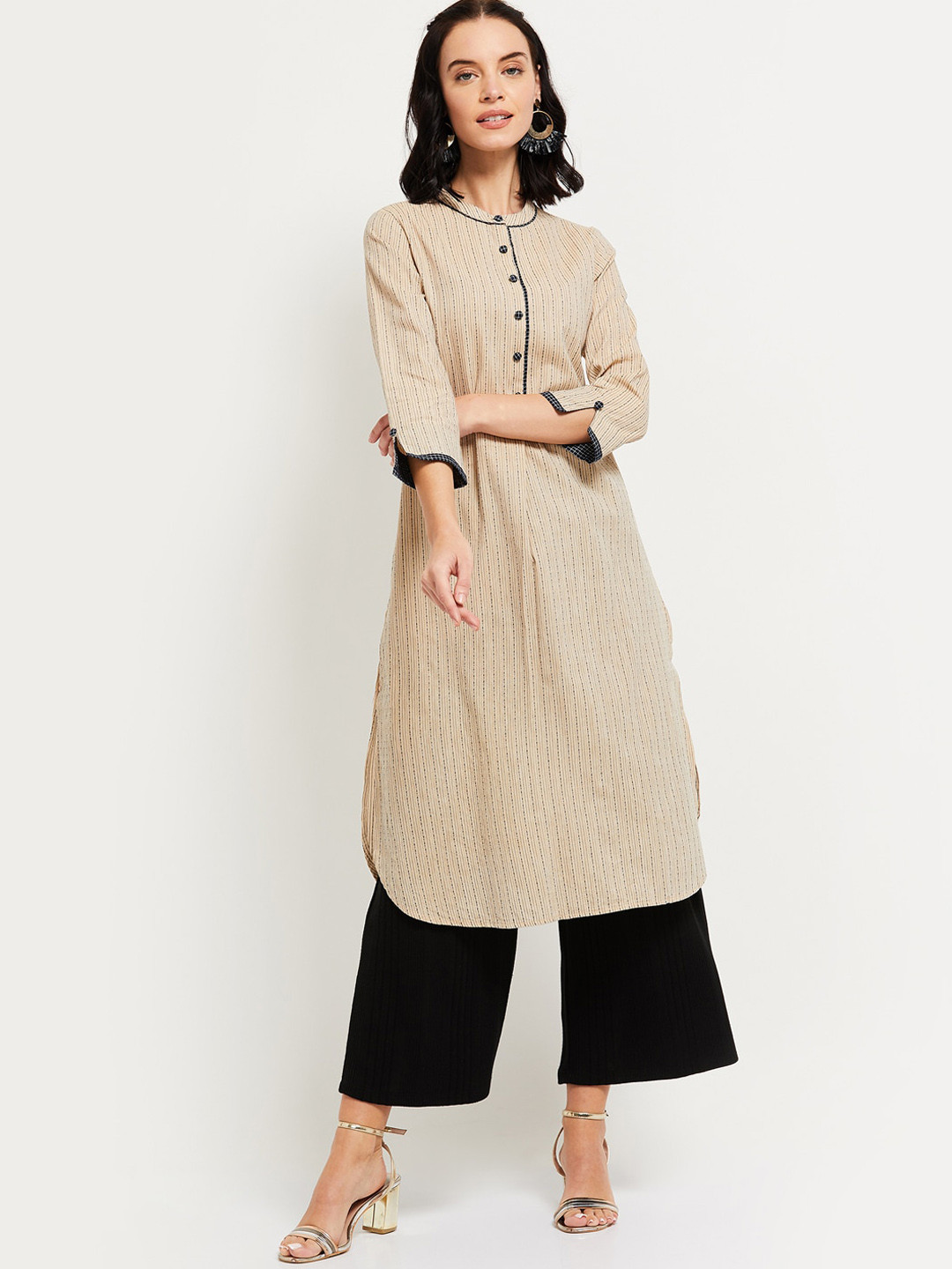 Beige Shirt Collar Stripe Print Plus Size kurta