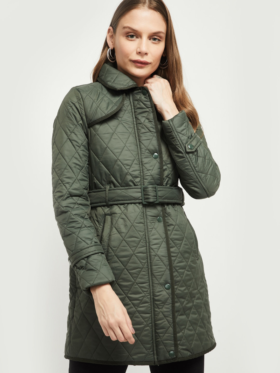 Buy Max Women Olive Green Solid Longline Quilted Jacket Jackets for