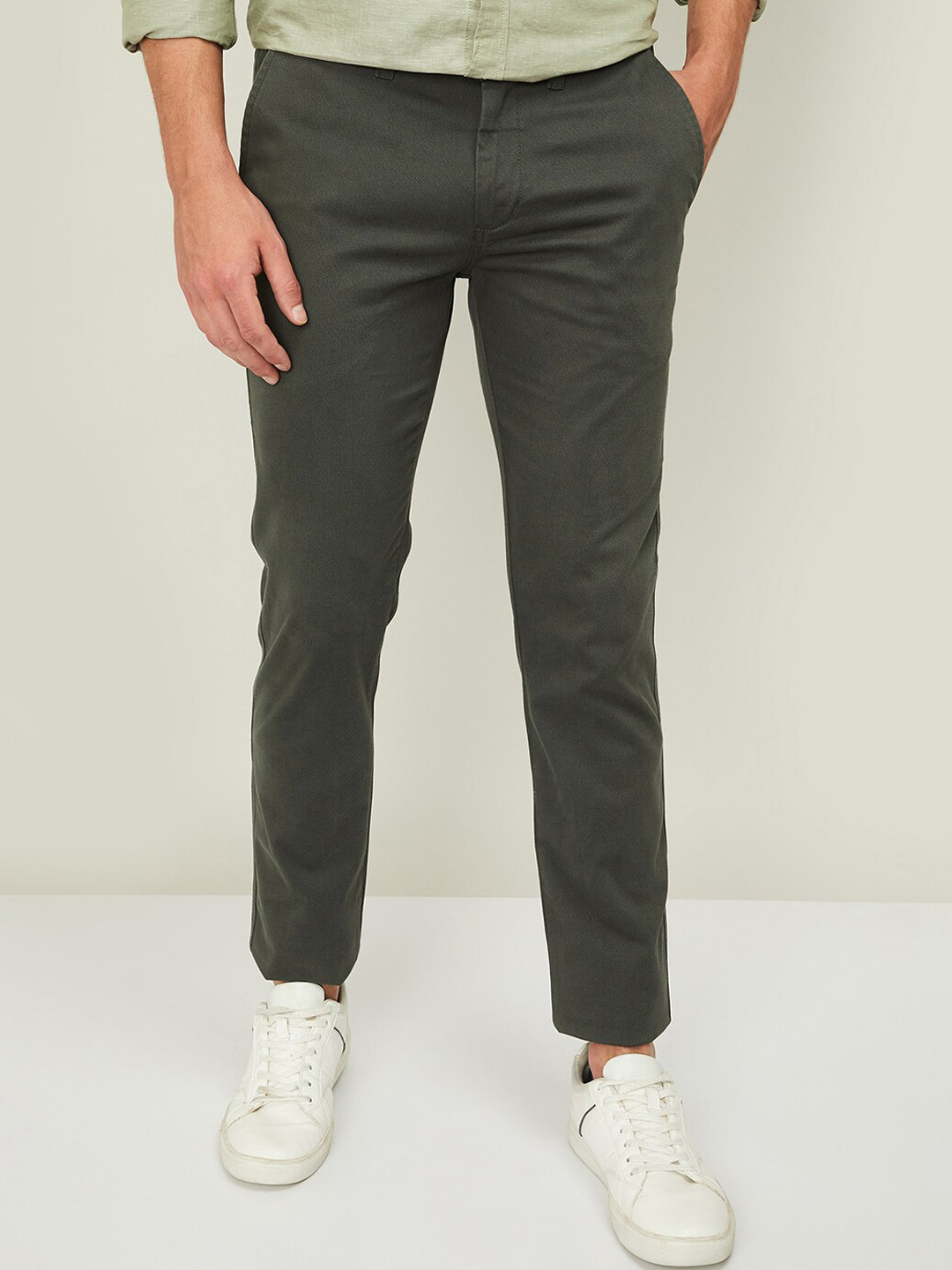 Buy CODE By Lifestyle Men Olive Green Slim Fit Solid Chinos - Trousers ...