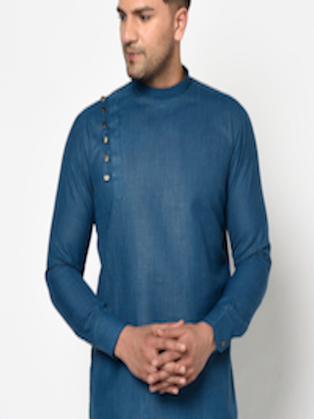 Buy TABARD Men Blue Mandarin Collar Regular Sleeves Angrakha Kurta ...