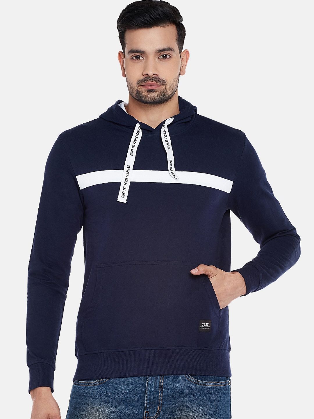 Buy People Men Navy Blue & White Striped Hooded Sweatshirt ...