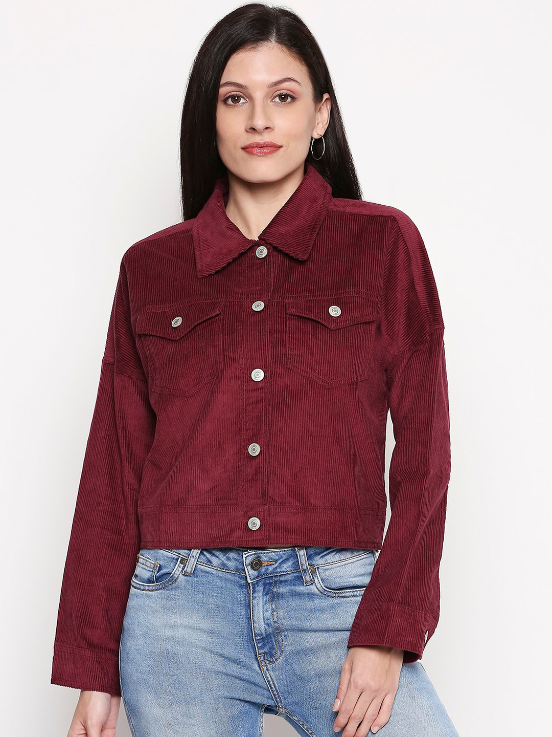 Buy People Women Maroon Solid Denim Jacket Jackets for Women 13652306