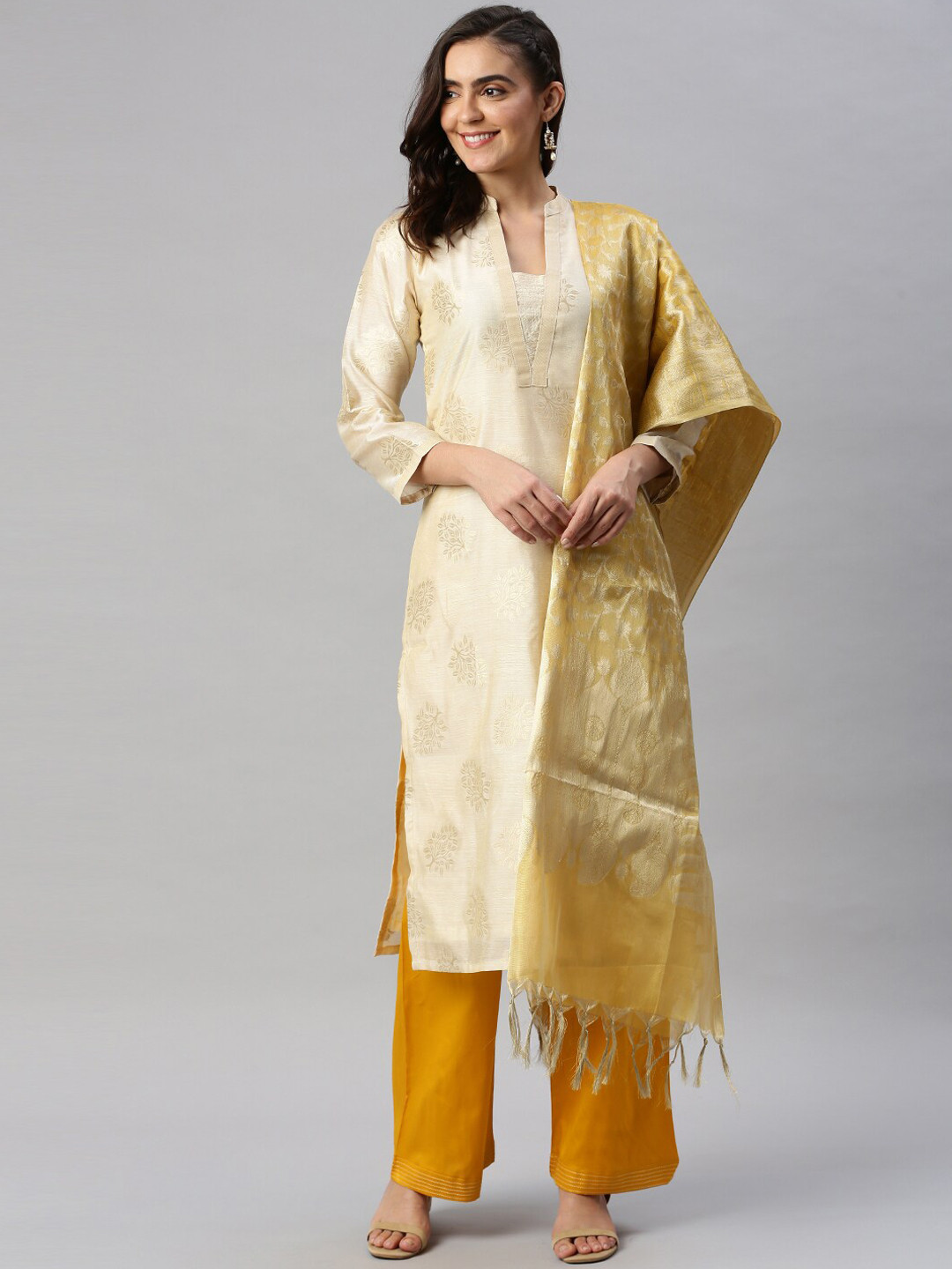 Buy Soch Cream Coloured & Orange Cotton Blend Woven Design Unstitched Dress Material - Dress 