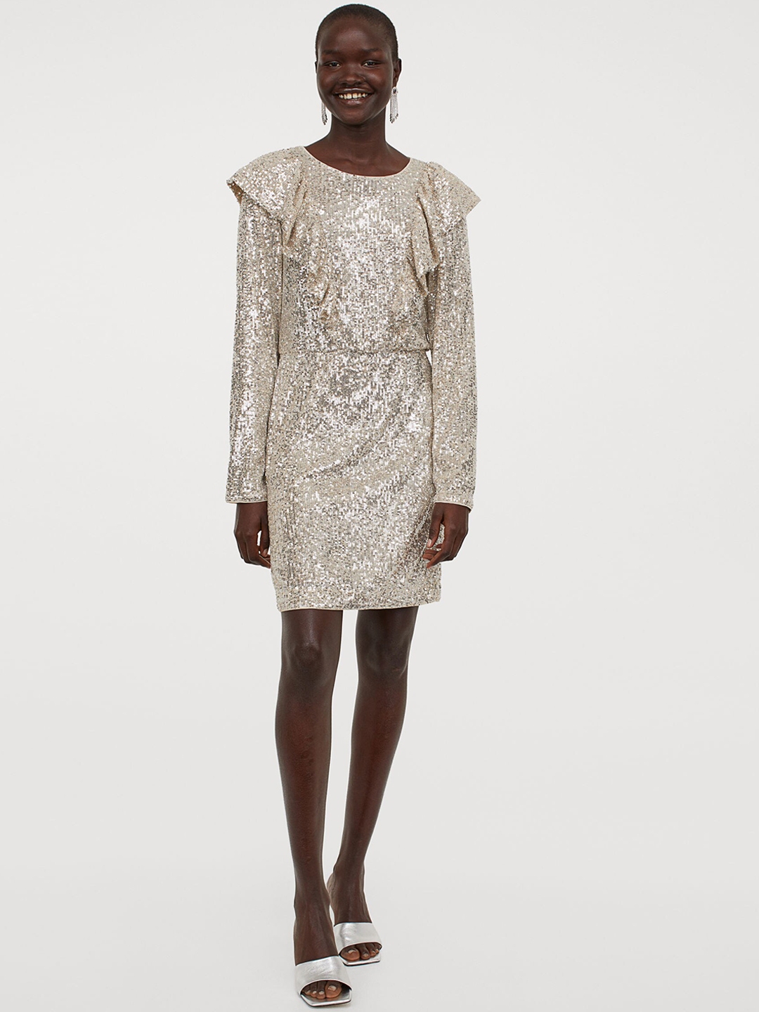 Buy H&M Women Beige Embellished Flounce Trimmed Sequined Dress