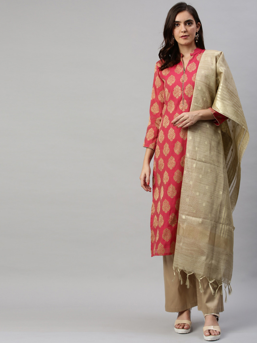 Buy Soch Pink & Gold Toned Cotton Blend Unstitched Dress Material - Dress Material for Women 