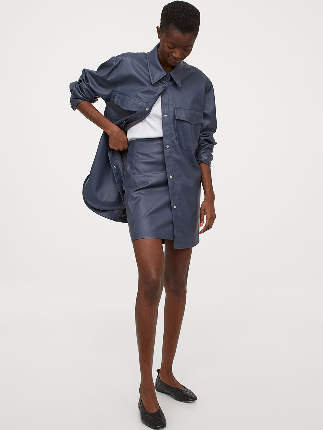 Buy H&M Women Navy Blue Imitation Leather Shirt Jacket Jackets for