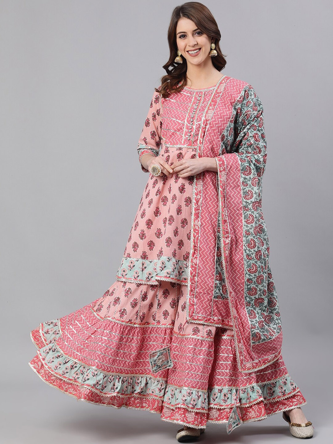 Buy Ishin Women Pink & Silver Toned Printed Cotton Kurta With Sharara ...