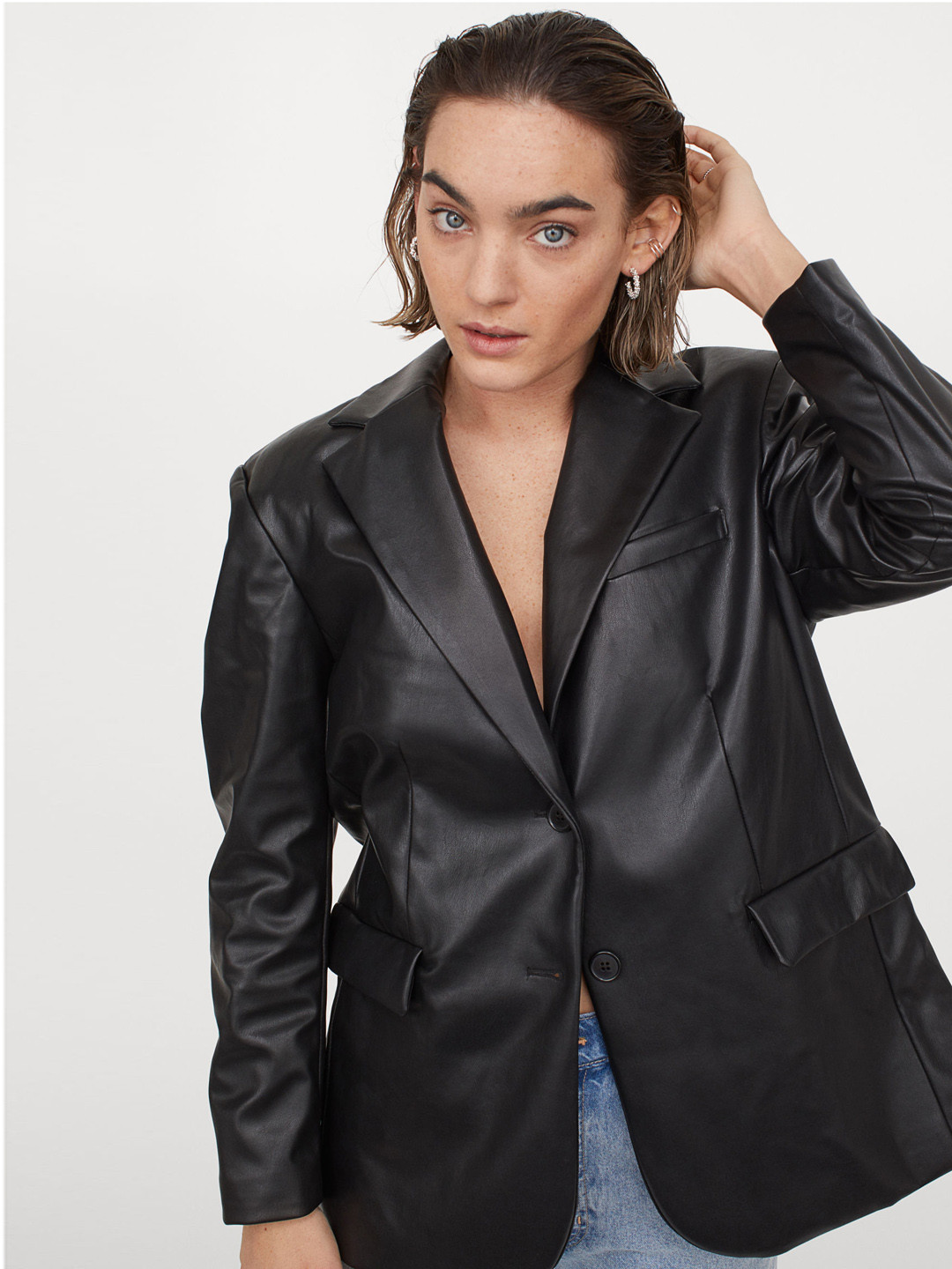 Buy H&M Women Black Solid Oversized Faux Leather Jacket Blazers for