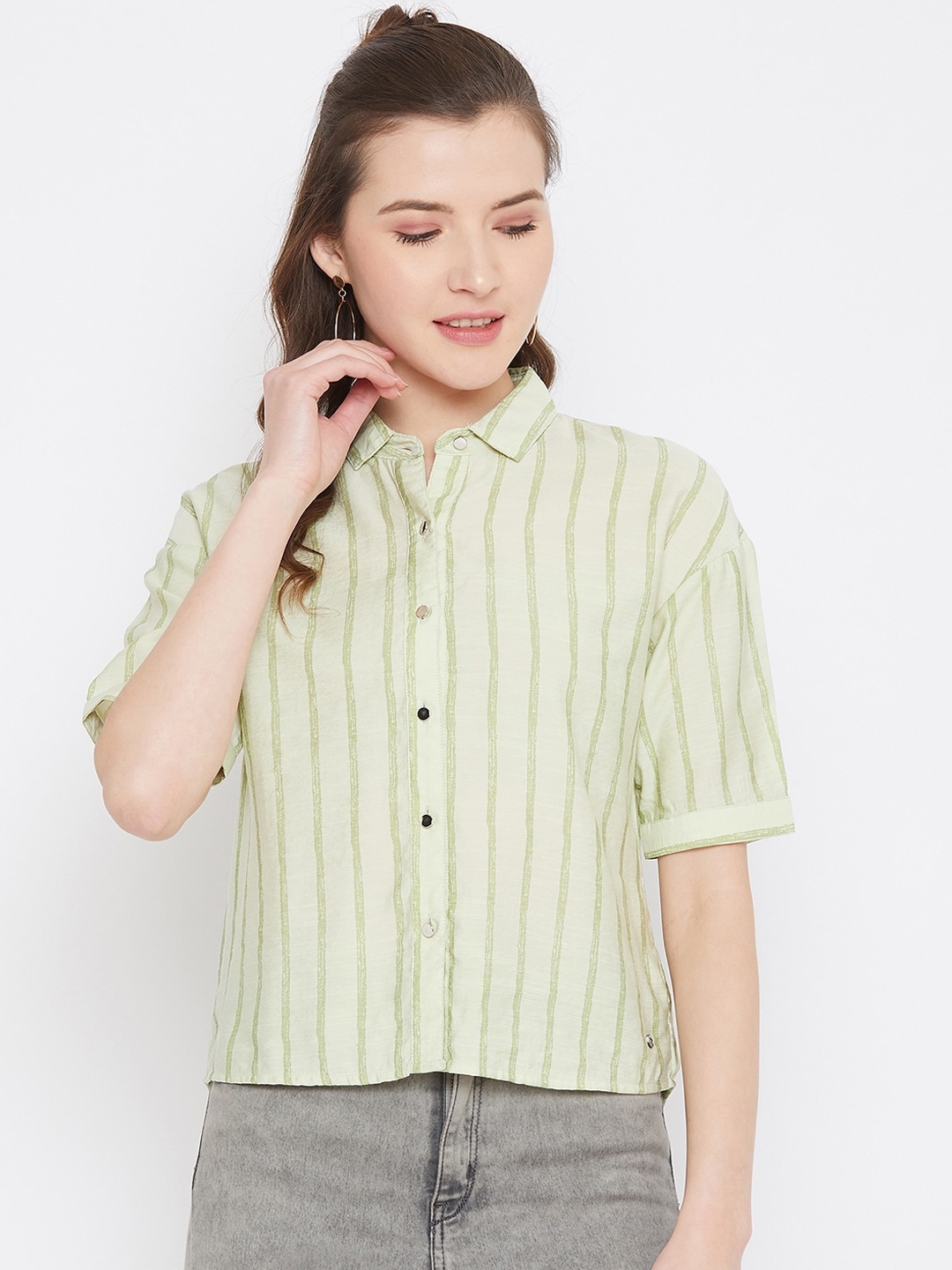Buy Octave Green Striped Shirt Style Top - Tops for Women 13690016 | Myntra