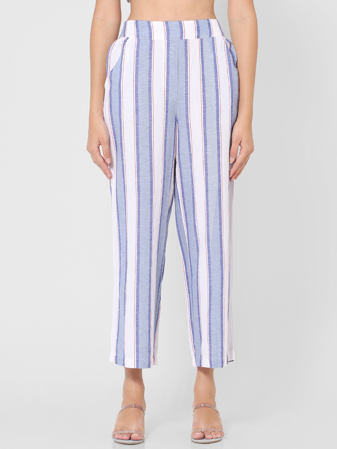 Buy ONLY Women White & Blue Regular Fit Striped Parallel Trousers ...