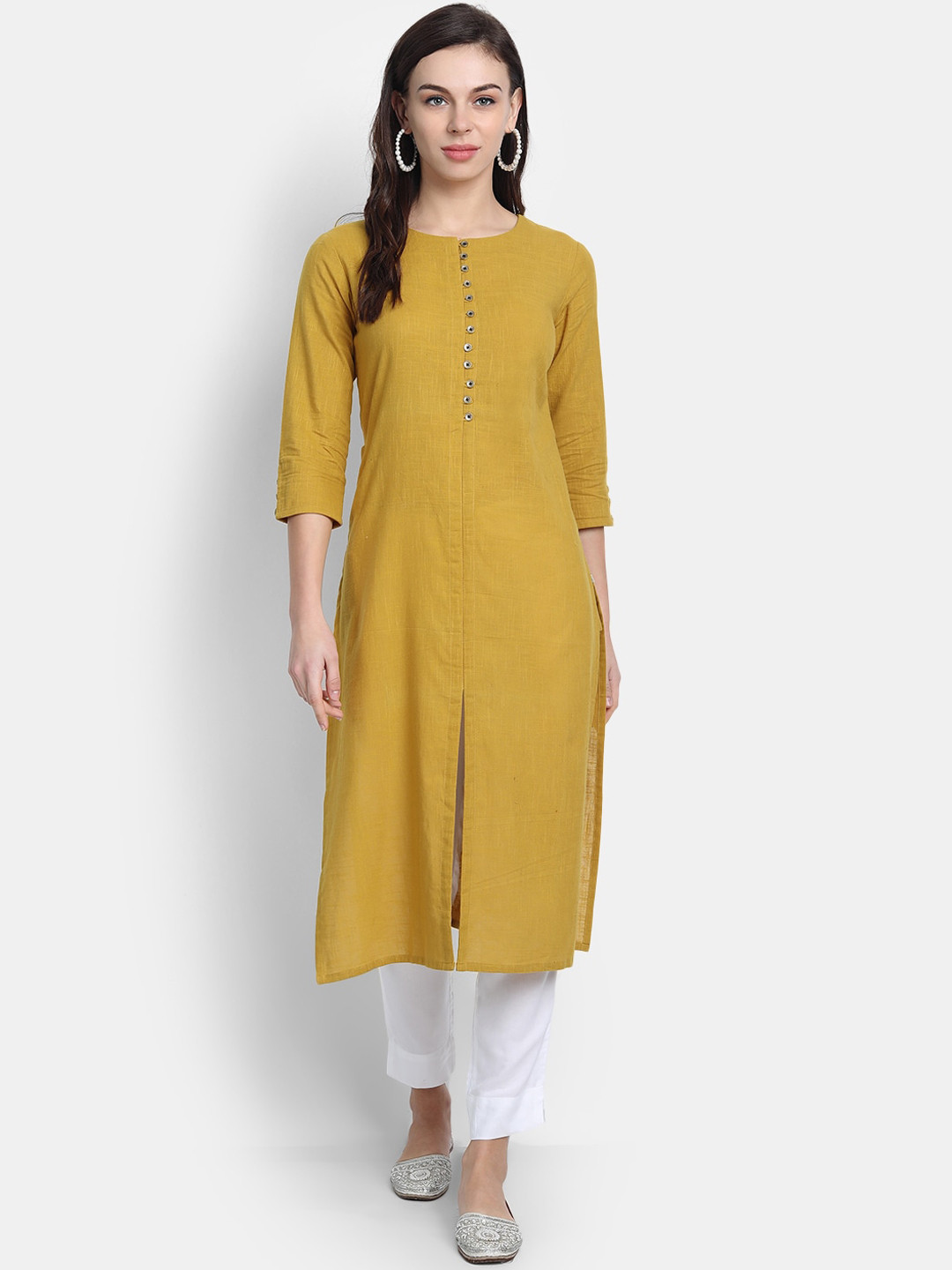 Buy FabGLOBAL Mustard Yellow Handloom Kurta Kurtas for Women 13703112
