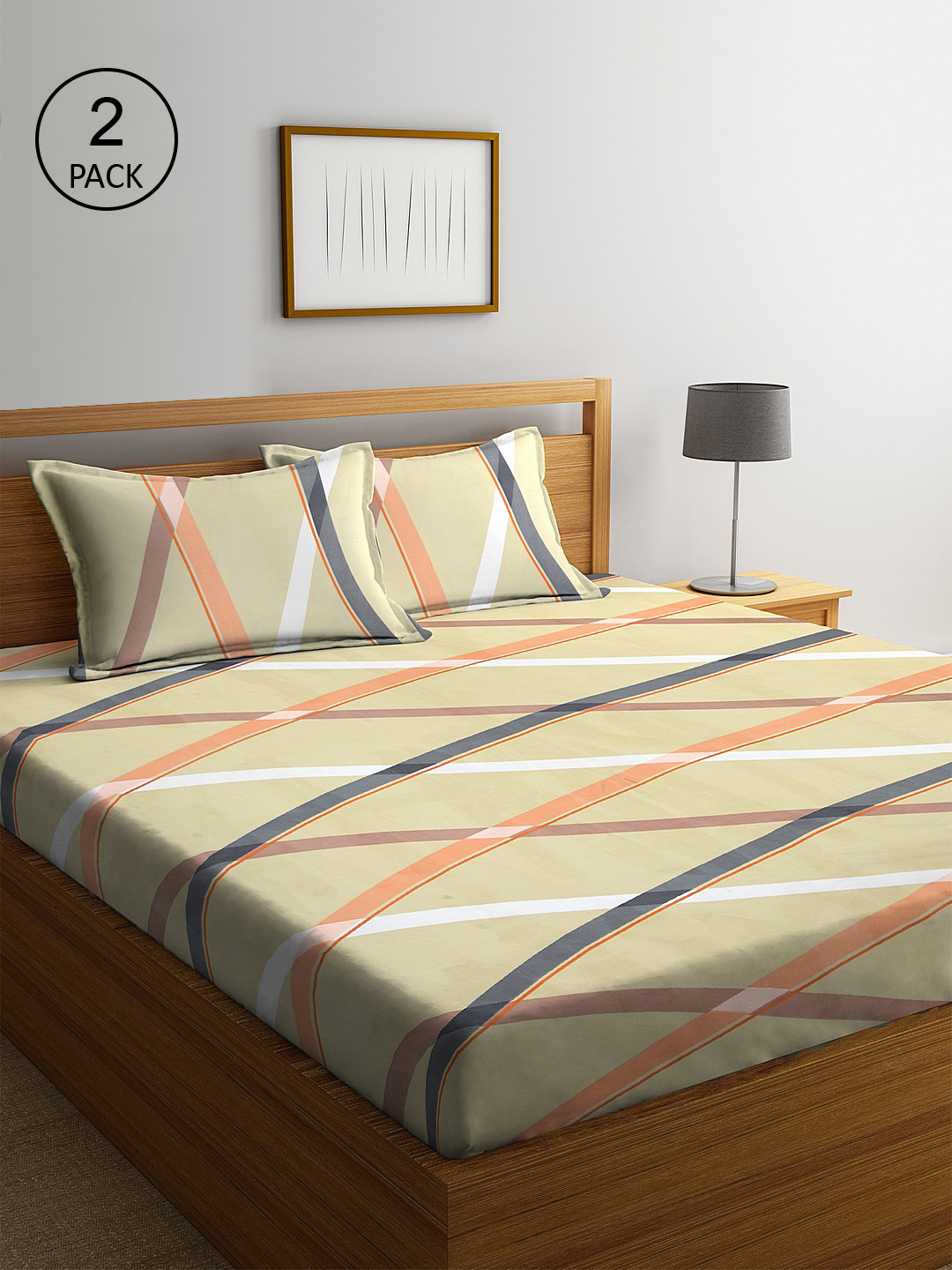Buy KLOTTHE Set Of 2 Beige & Blue Geometric 210 TC Cotton King Bedsheets With 4 Pillow Covers