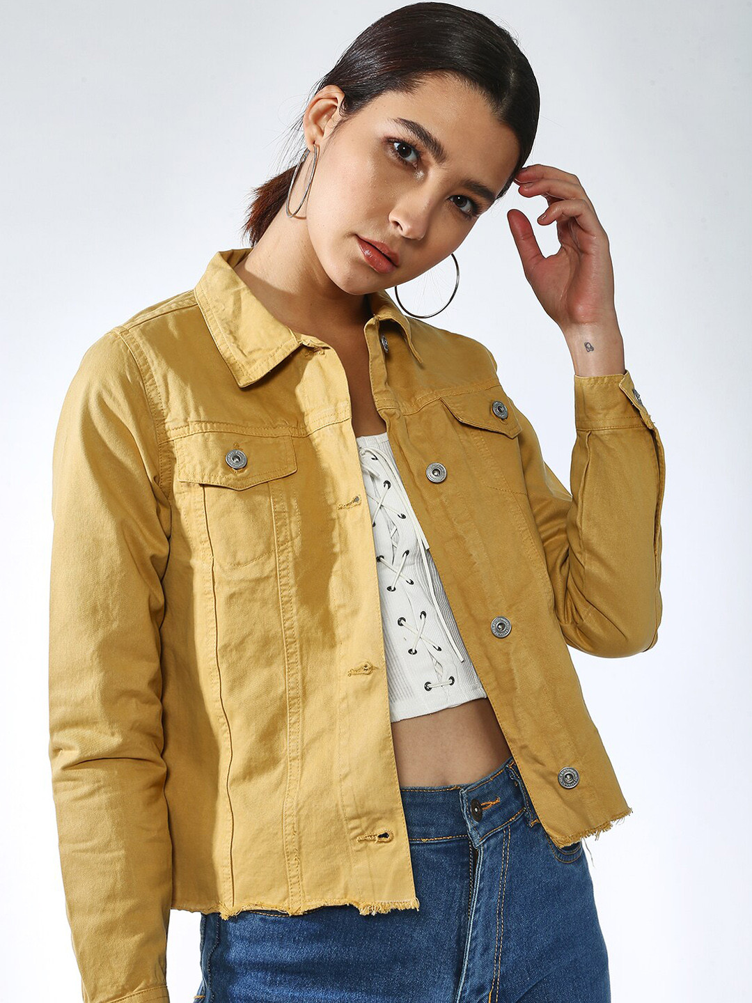 Buy Blue Saint Women Khaki Printed Lightweight Denim Jacket Jackets