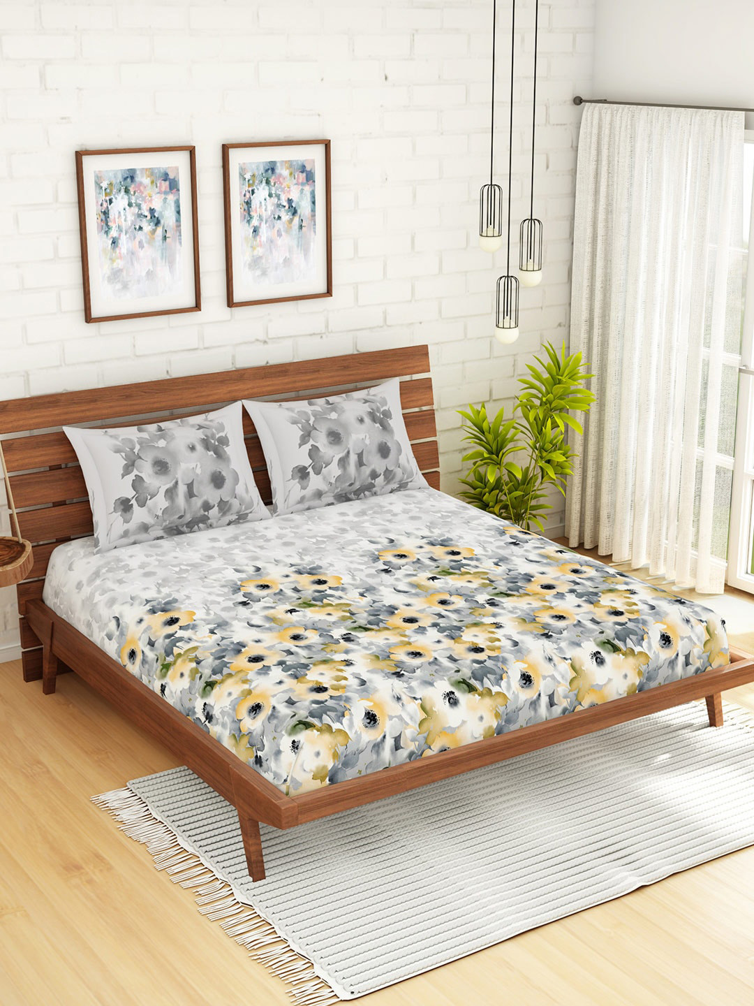 Buy SPACES Grey & White Floral 144 TC Cotton 1 Queen Bedsheet With 2