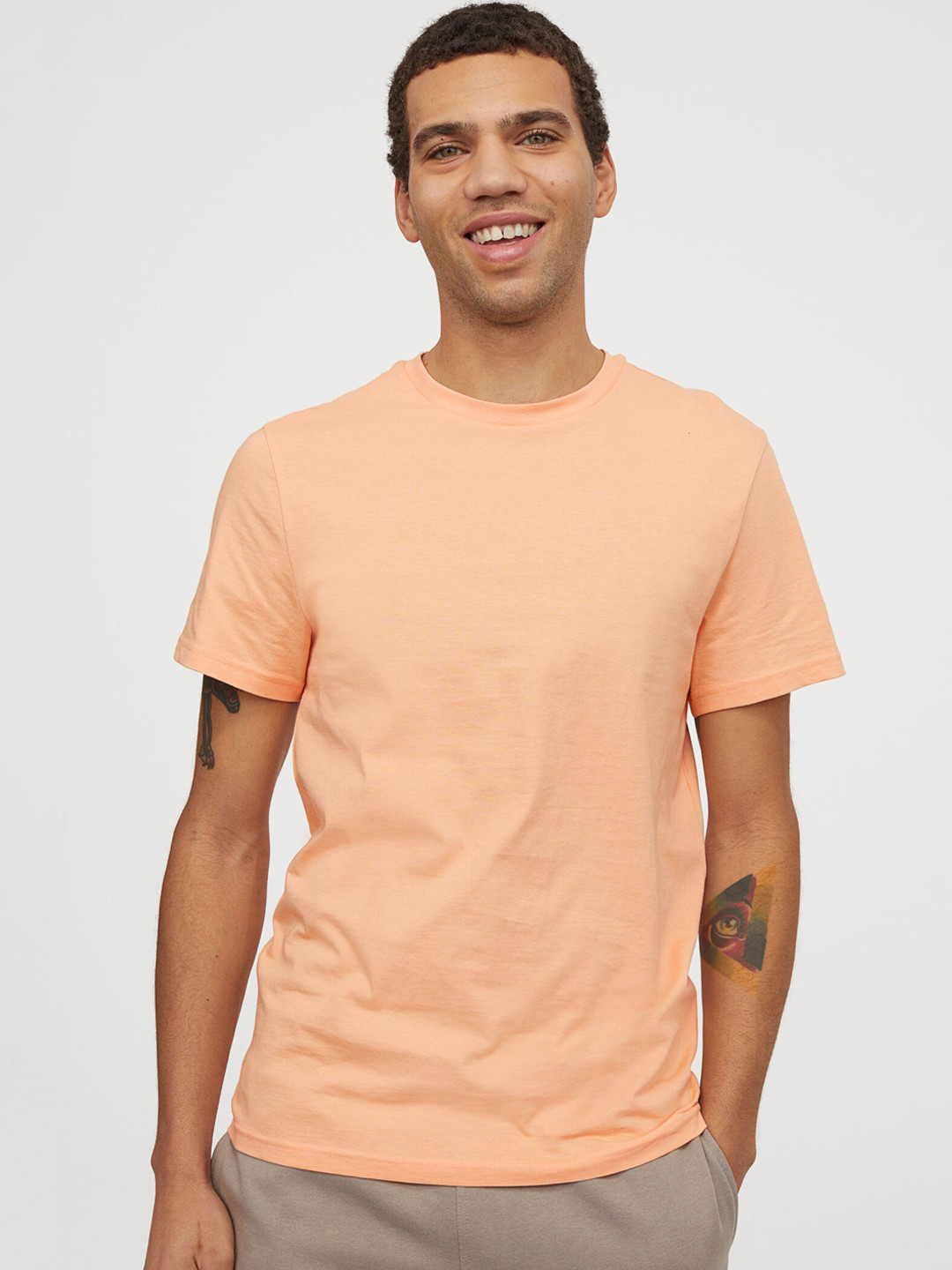 Buy HM Men Orange Solid Round Neck Cotton Pure Cotton T Shirt Tshirts