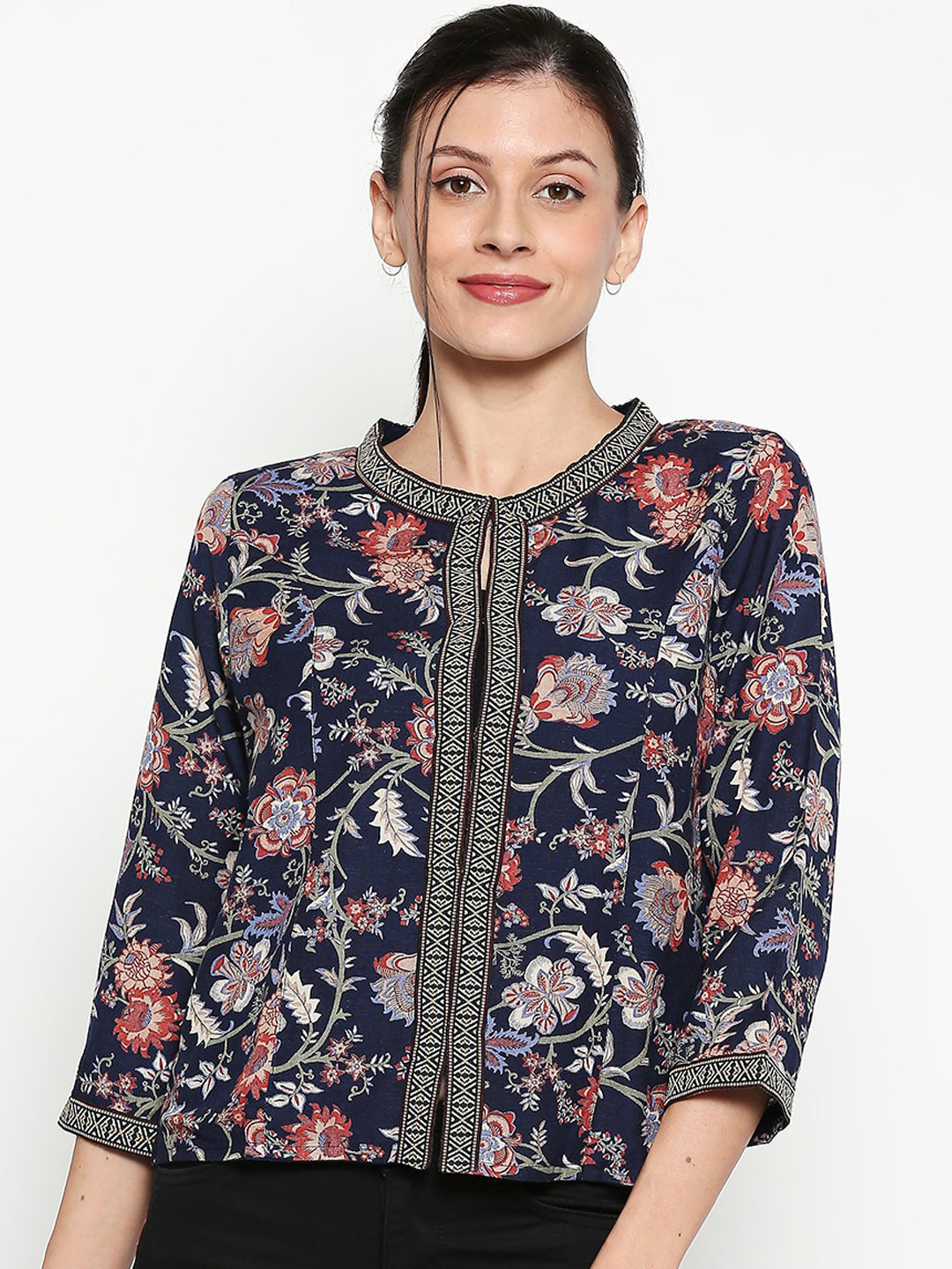 Buy People Women Navy Blue Printed Tailored Jacket Jackets for Women