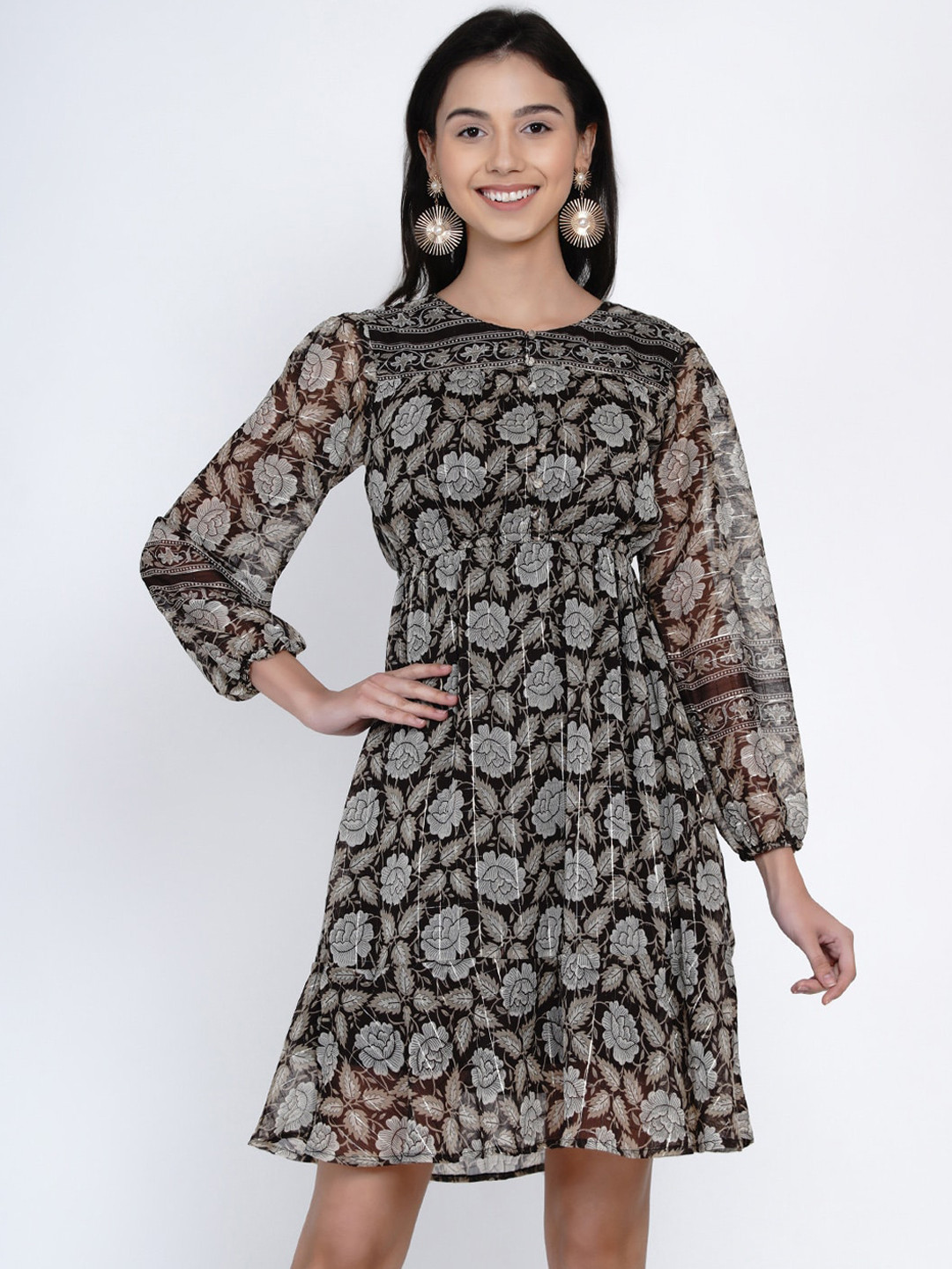 Buy Abiti Bella Women Black & Grey Floral Printed Fit And Flare Dress