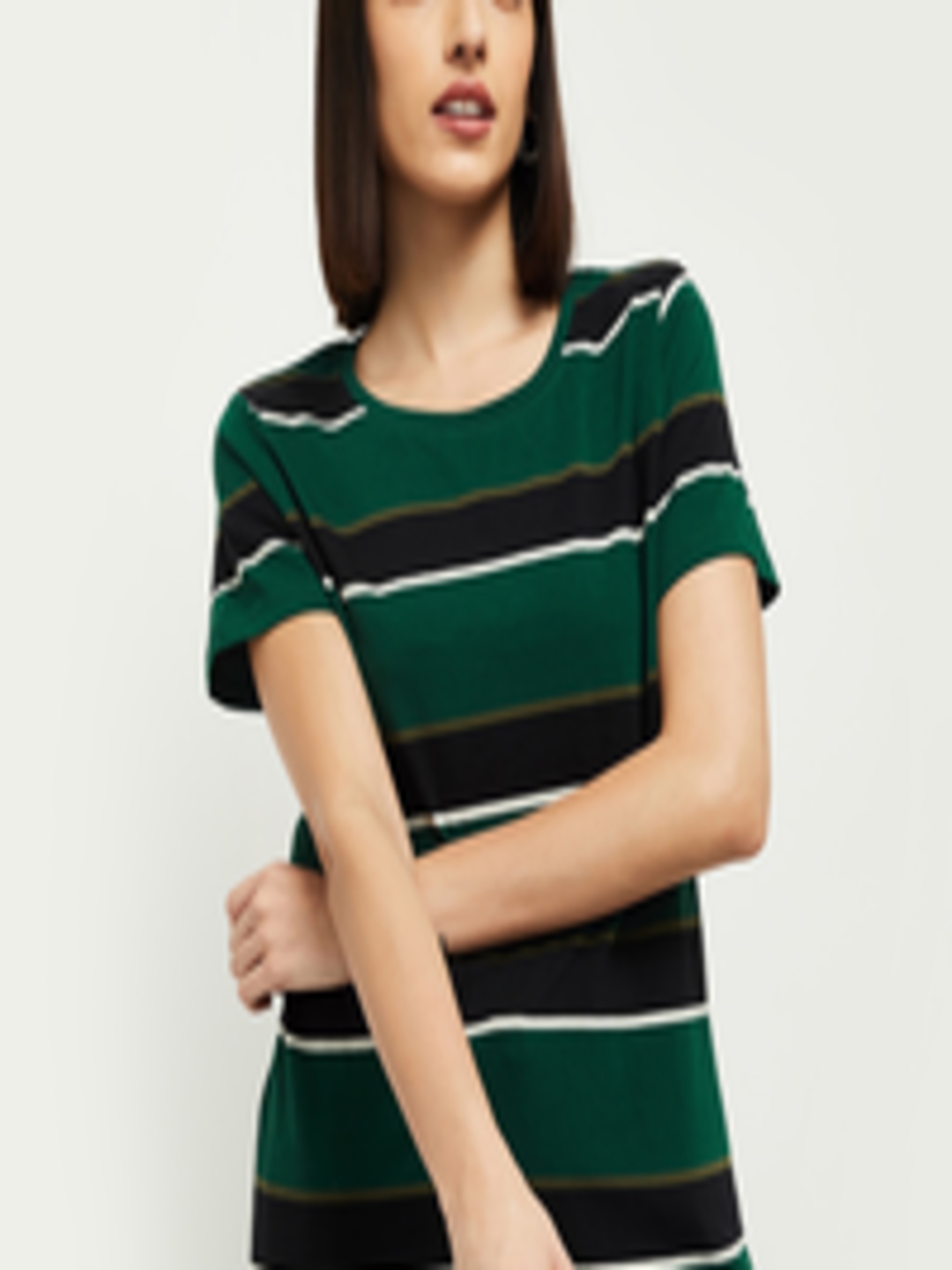 Buy Max Women Green Black Striped Round Neck Cotton Pure Cotton T Shirt