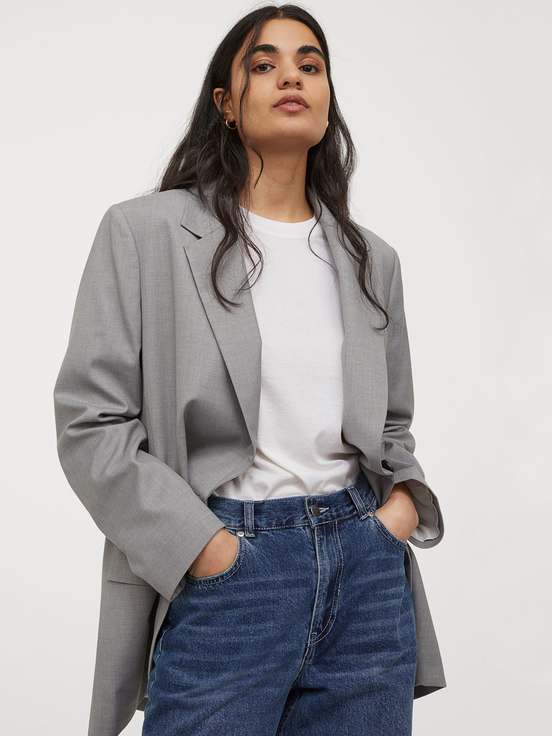 Buy H&M Women Grey Solid Oversized Jacket Blazers for Women 13759038