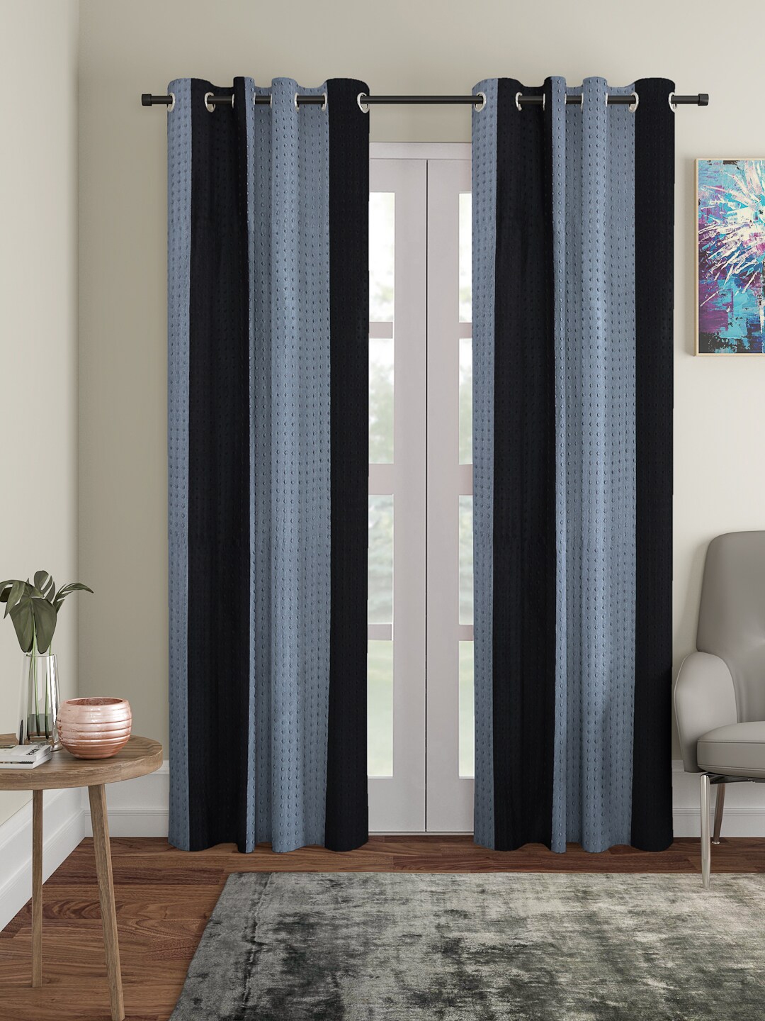 Buy Home Sizzler Grey & Navy Blue Set Of 2 Door Curtains - Curtains And ...