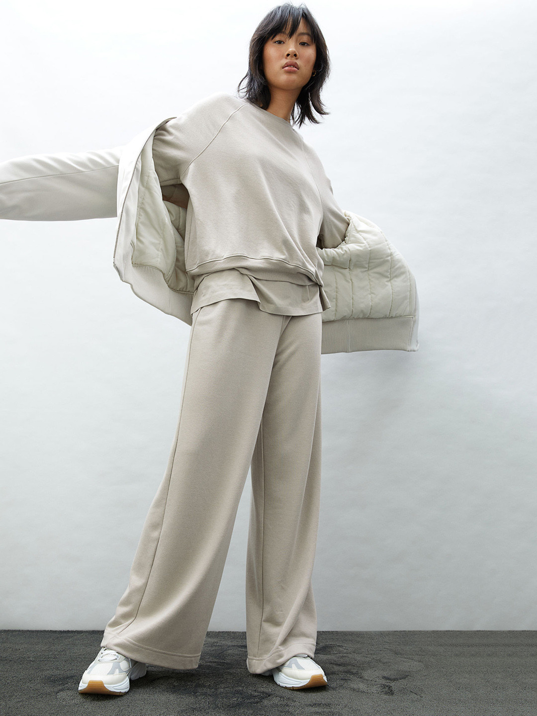 Buy H&M Women Cream Coloured Straight Jersey Trousers Trousers for