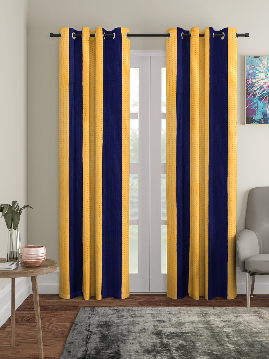 Buy Home Sizzler Navy Blue & Yellow Set Of 2 Door Curtains Curtains