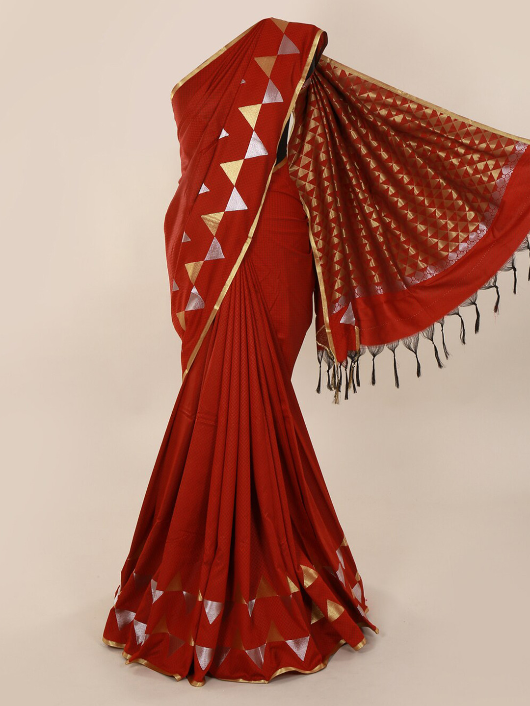 Buy Pothys Red & Gold Toned Art Silk Solid Saree Sarees for Women