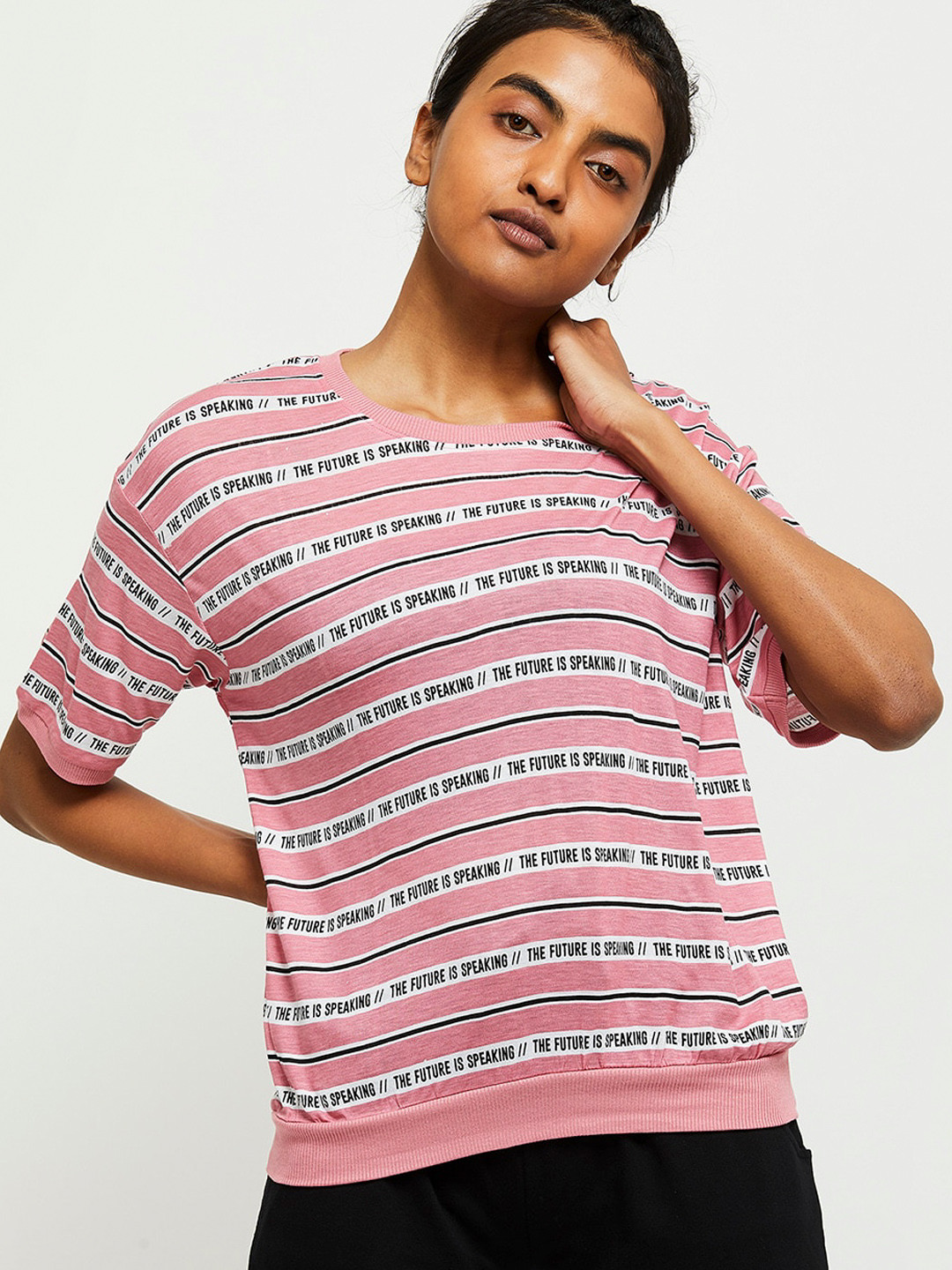 Buy Max Women Pink Striped Round Neck T Shirt Tshirts for Women