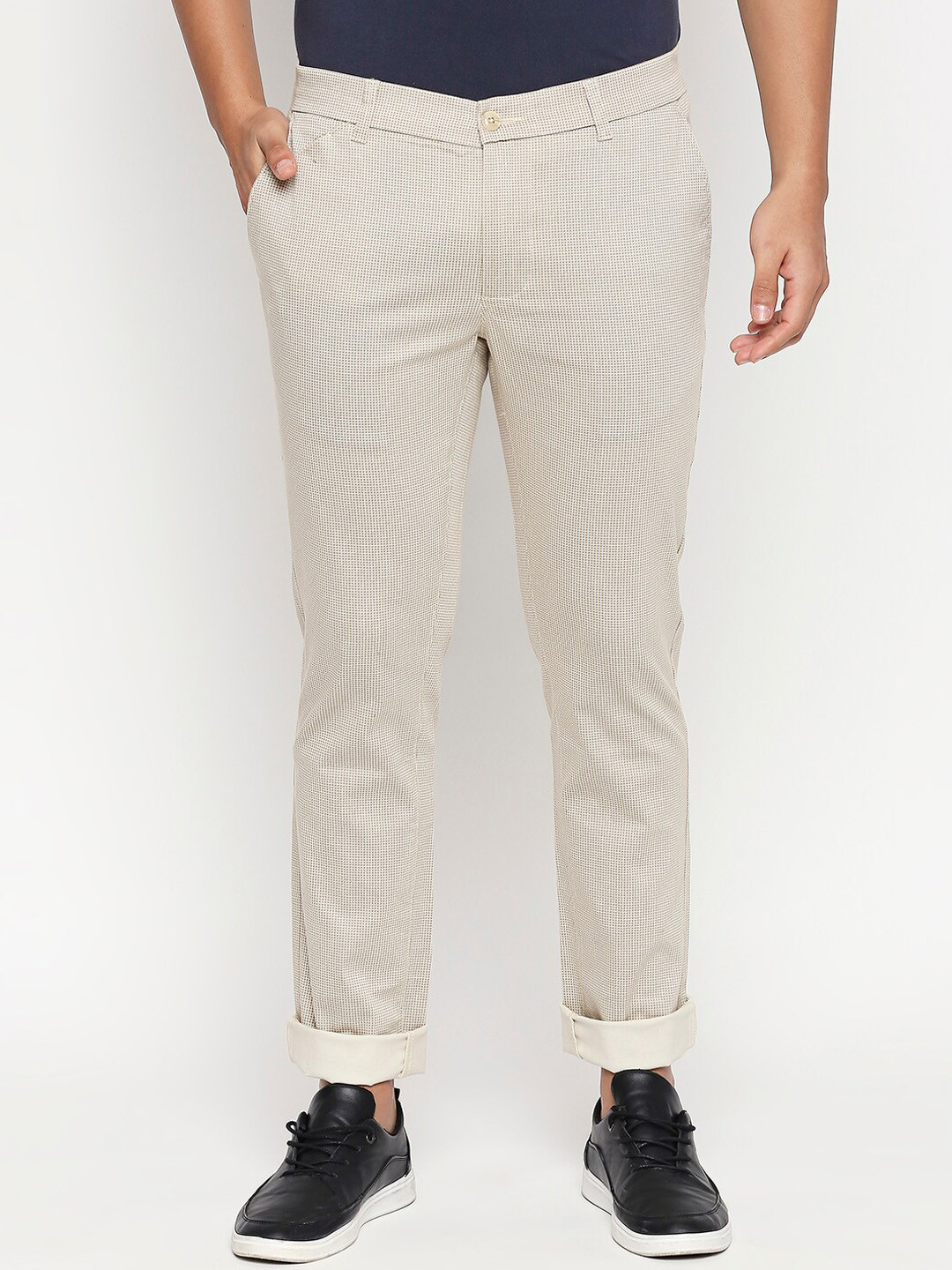 Buy Basics Men Beige & White Tapered Fit Printed Chinos Trousers for Men 13605434 Myntra