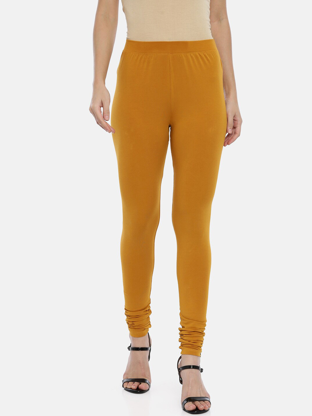 Buy Huggy Women Mustard Yellow Solid Churidar Length Leggings