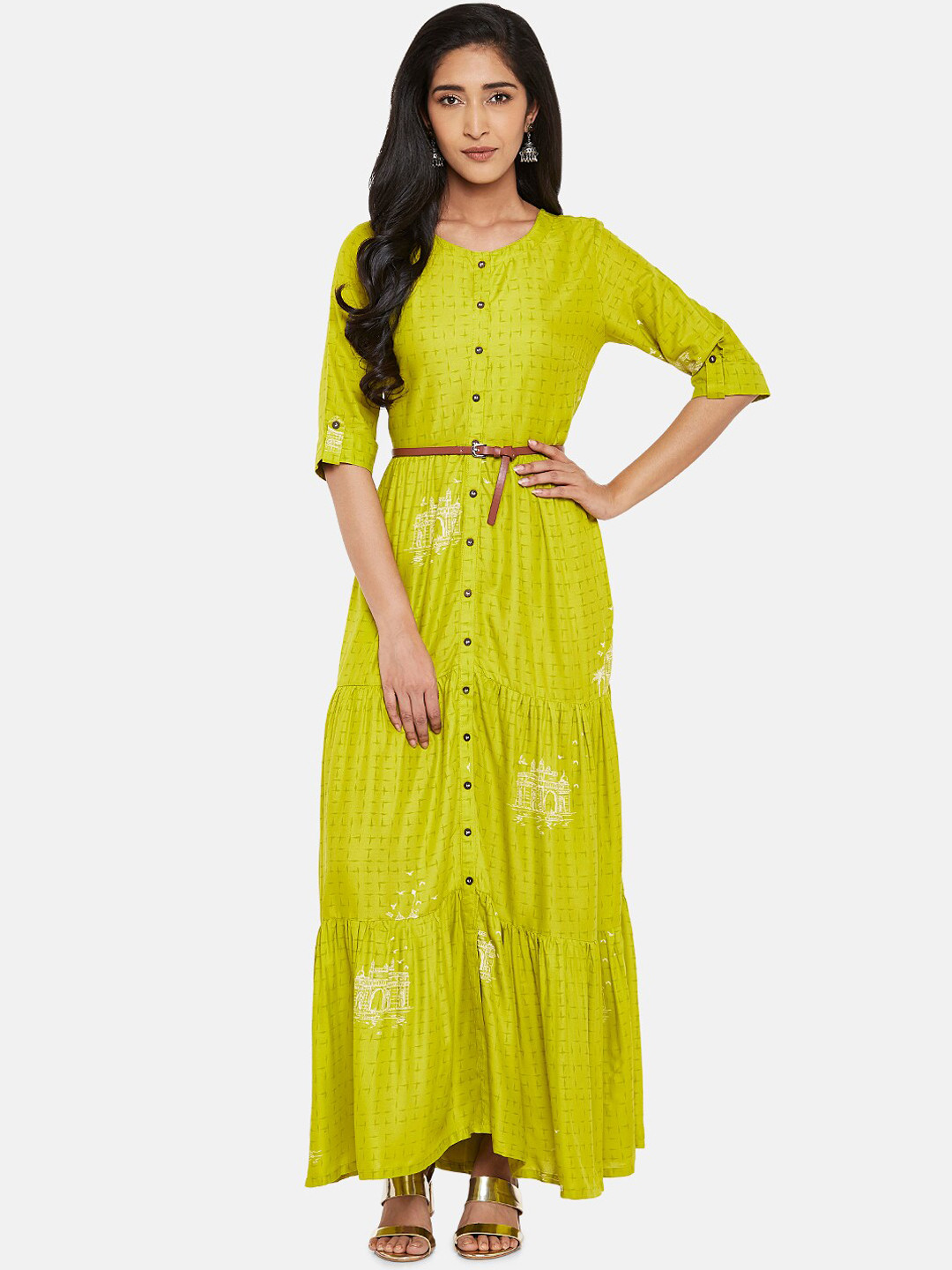 Buy AKKRITI BY PANTALOONS Women Lime Green Printed Maxi Dress Ethnic