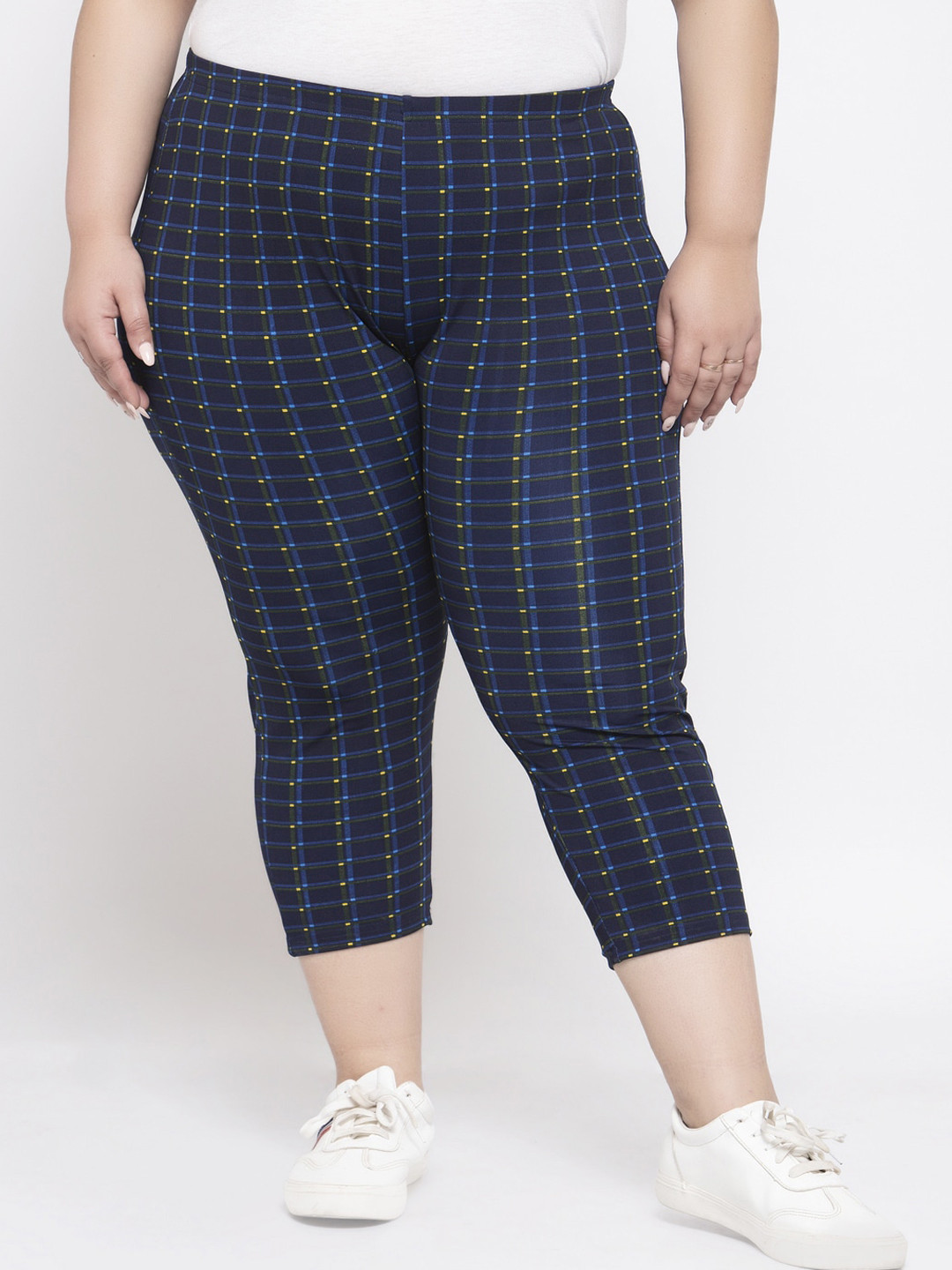 Buy PlusS Women Navy Blue & Yellow Checked Regular Fit Capris Capris