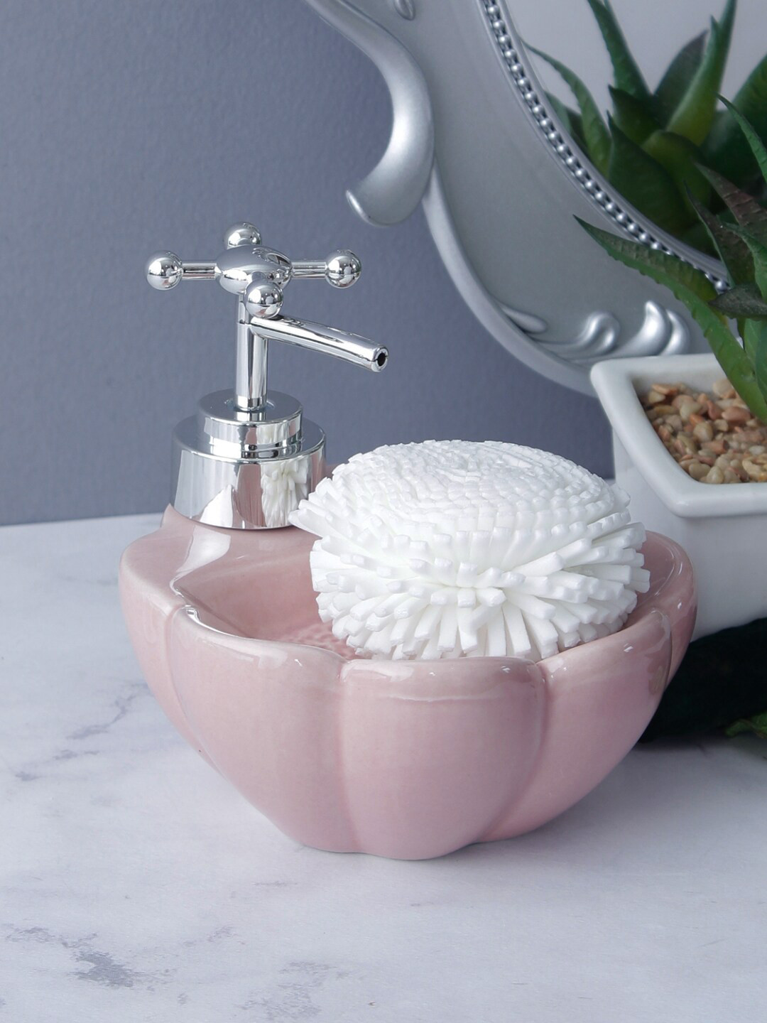Buy A Vintage Affair Home Decor Pink Solid Ceramic Liquid Soap Dispenser With Sponge Bathroom