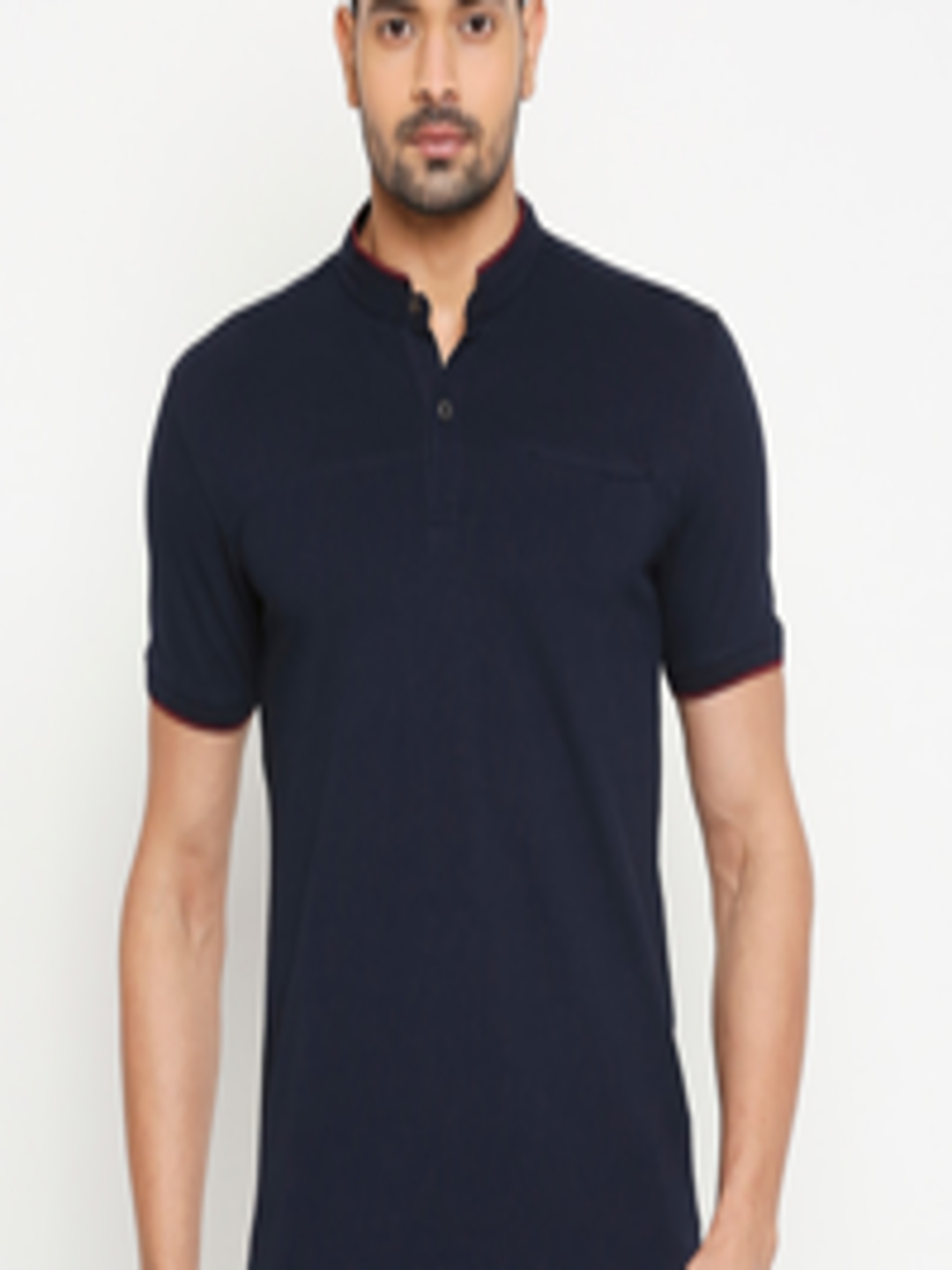 Buy Mufti Men Navy Blue Solid Mandarin Collar T Shirt - Tshirts for Men ...